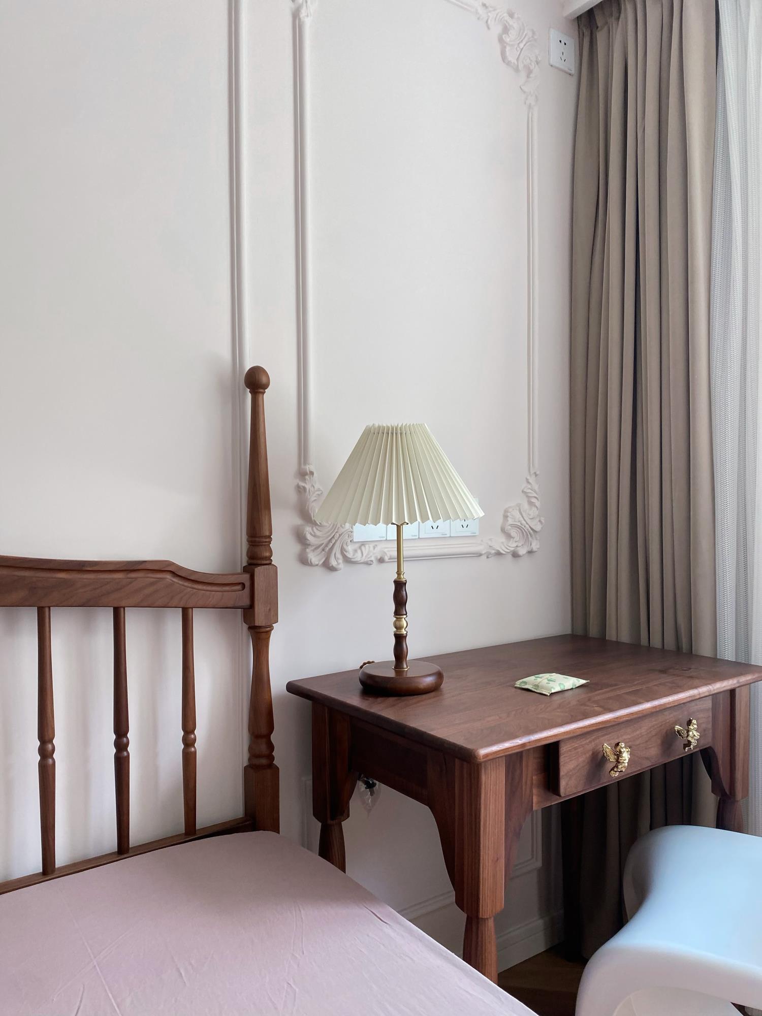 Mid Century Modern Pleated Walnut Table Lamp with Brass Accents and Folding Shade