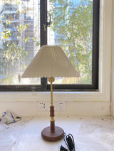 Mid Century Modern Pleated Walnut Table Lamp with Brass Accents and Folding Shade