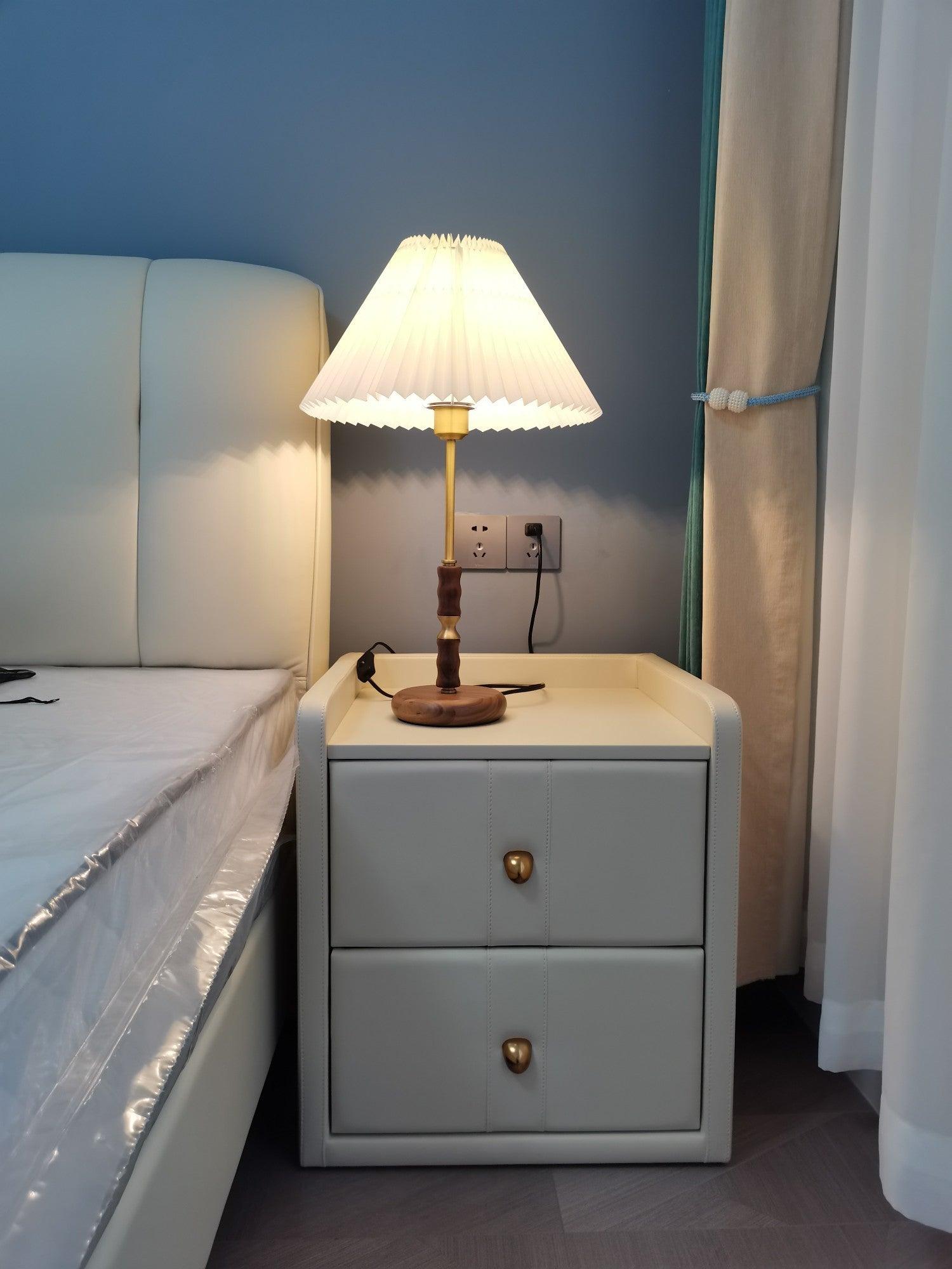Mid Century Modern Pleated Walnut Table Lamp with Brass Accents and Folding Shade
