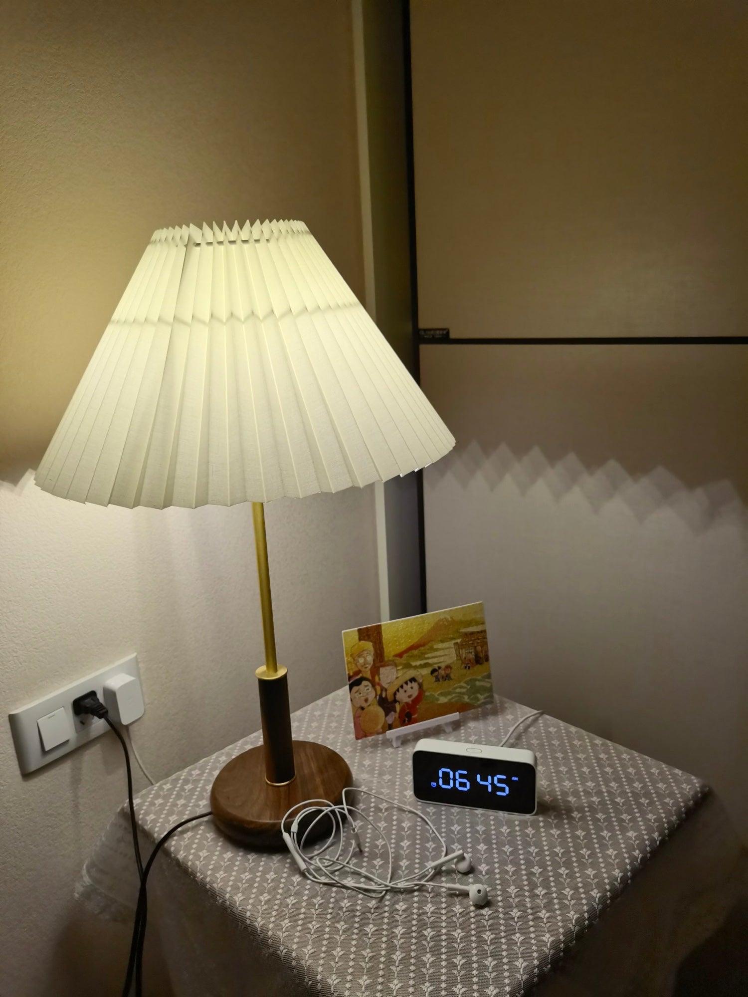 Mid Century Modern Pleated Walnut Table Lamp with Brass Accents and Folding Shade