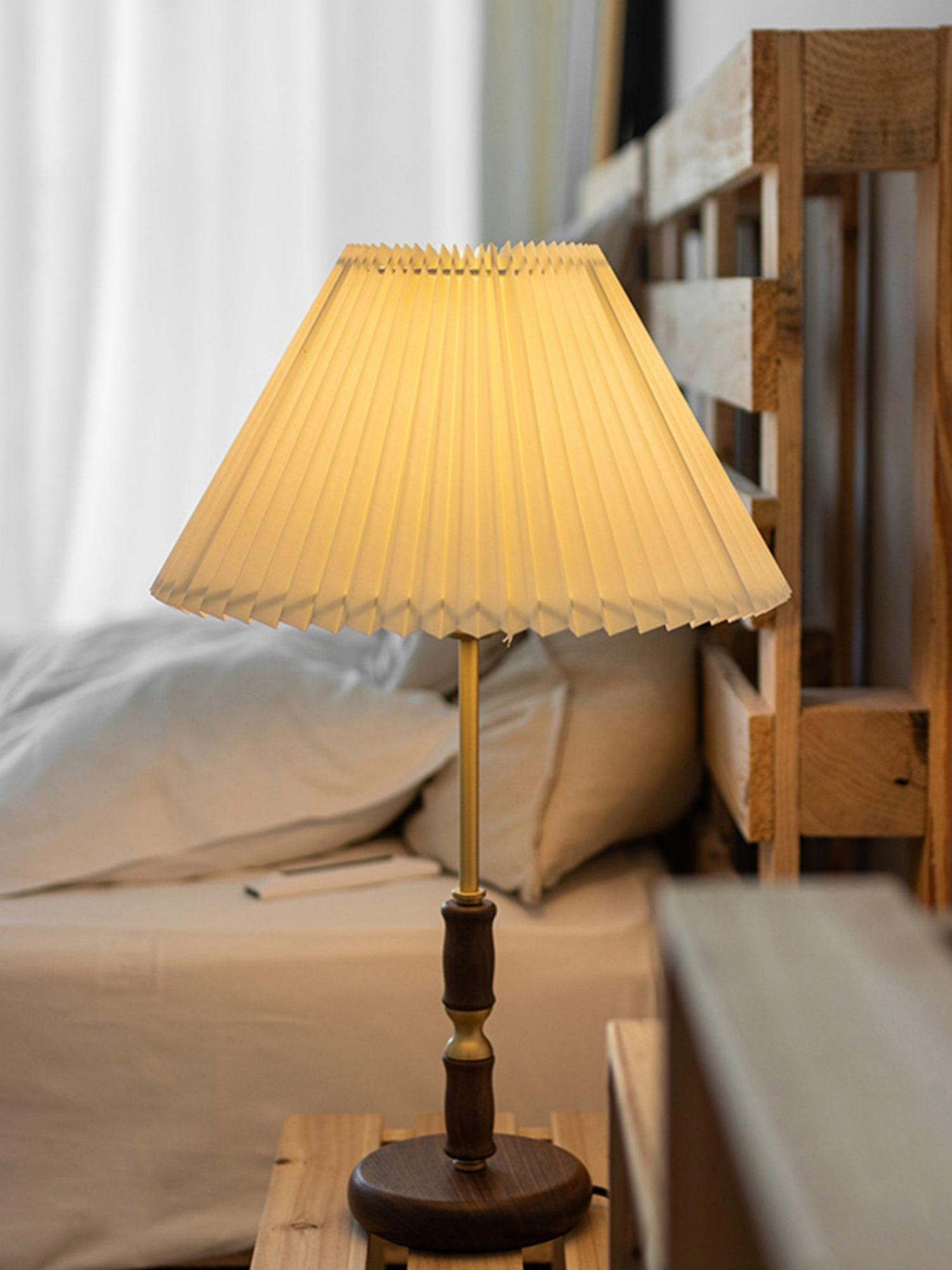 Mid Century Modern Pleated Walnut Table Lamp with Brass Accents and Folding Shade