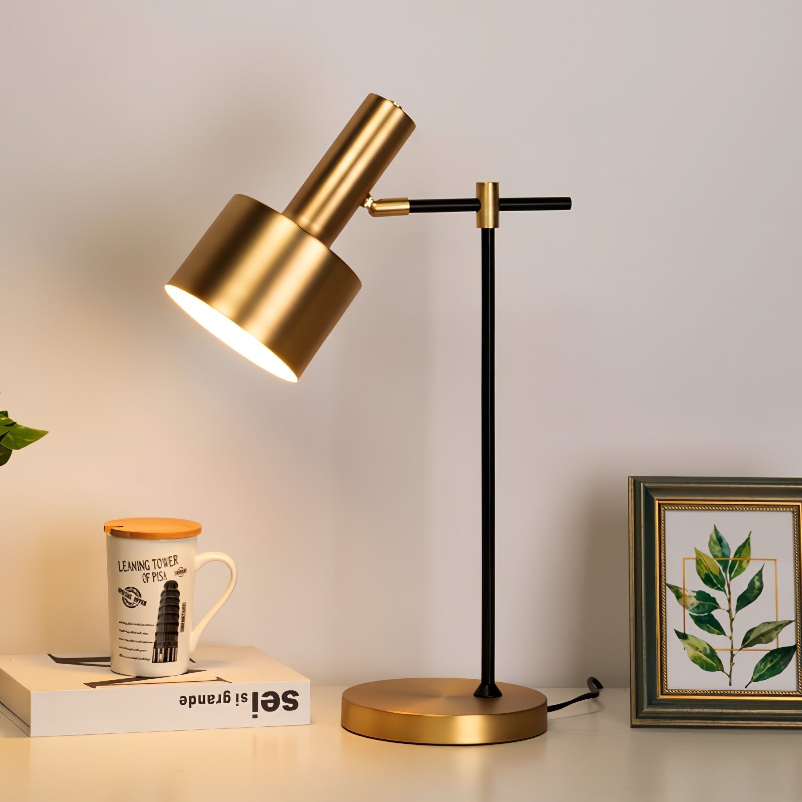 Modern Lento Table Lamp Polished Gold and Black Metal Desk Light for Office and Bedroom Study