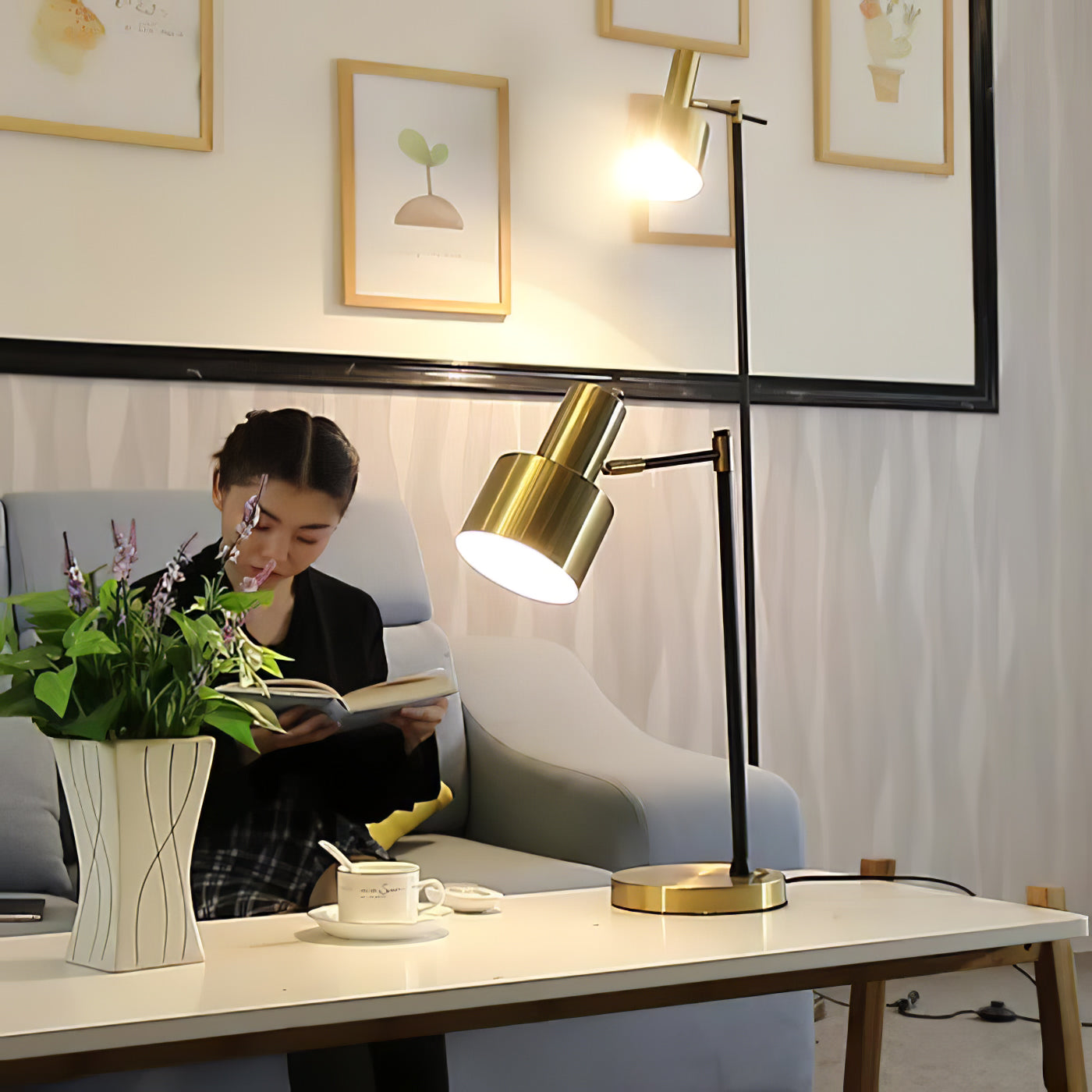 Modern Lento Table Lamp Polished Gold and Black Metal Desk Light for Office and Bedroom Study