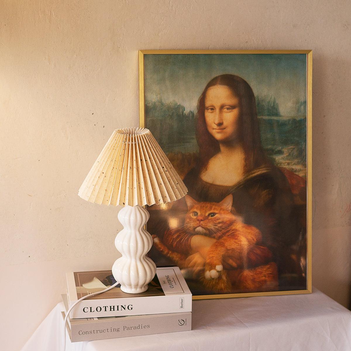 Modern Ribbed Ceramic Gourd Table Lamp White Gloss Desk Light with Linen Shade