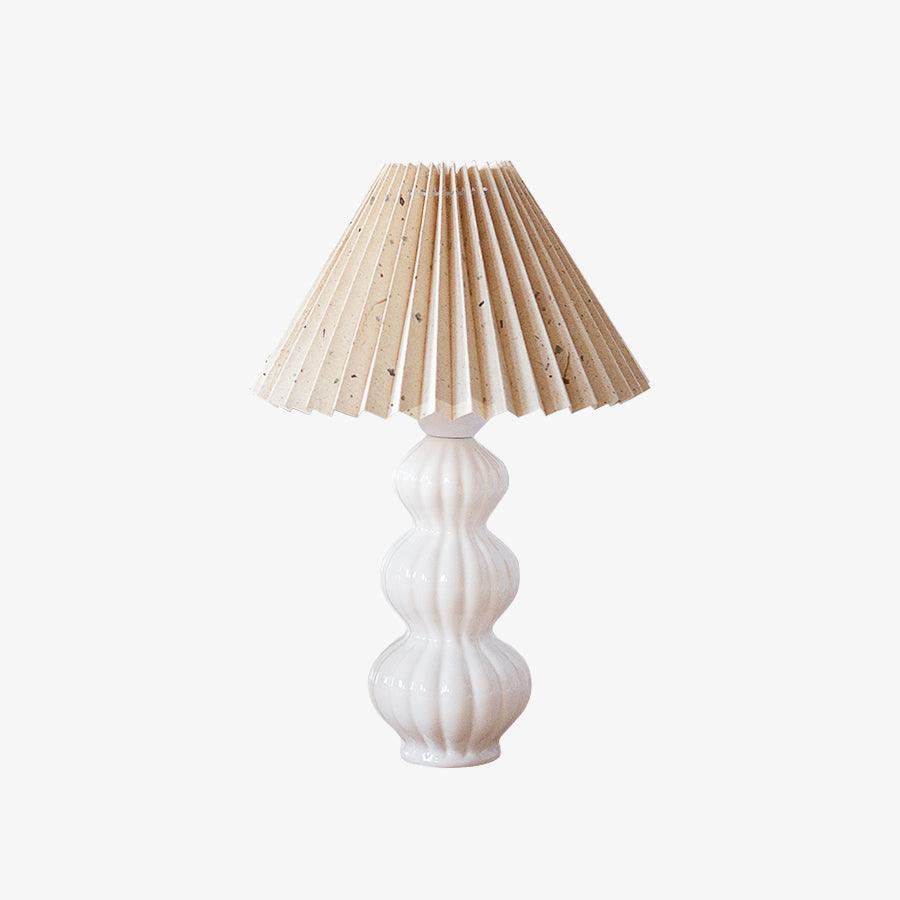 Modern Ribbed Ceramic Gourd Table Lamp White Gloss Desk Light with Linen Shade