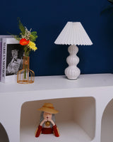Modern Ribbed Ceramic Gourd Table Lamp White Gloss Desk Light with Linen Shade