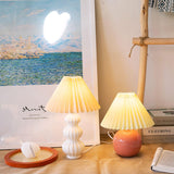 Modern Ribbed Ceramic Gourd Table Lamp White Gloss Desk Light with Linen Shade