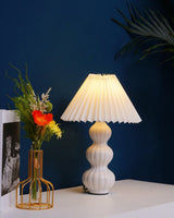 Modern Ribbed Ceramic Gourd Table Lamp White Gloss Desk Light with Linen Shade