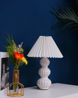 Modern Ribbed Ceramic Gourd Table Lamp White Gloss Desk Light with Linen Shade