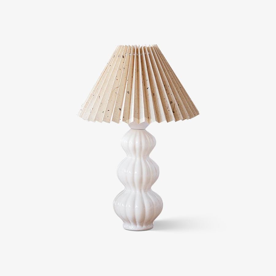 Modern Ribbed Ceramic Gourd Table Lamp White Gloss Desk Light with Linen Shade