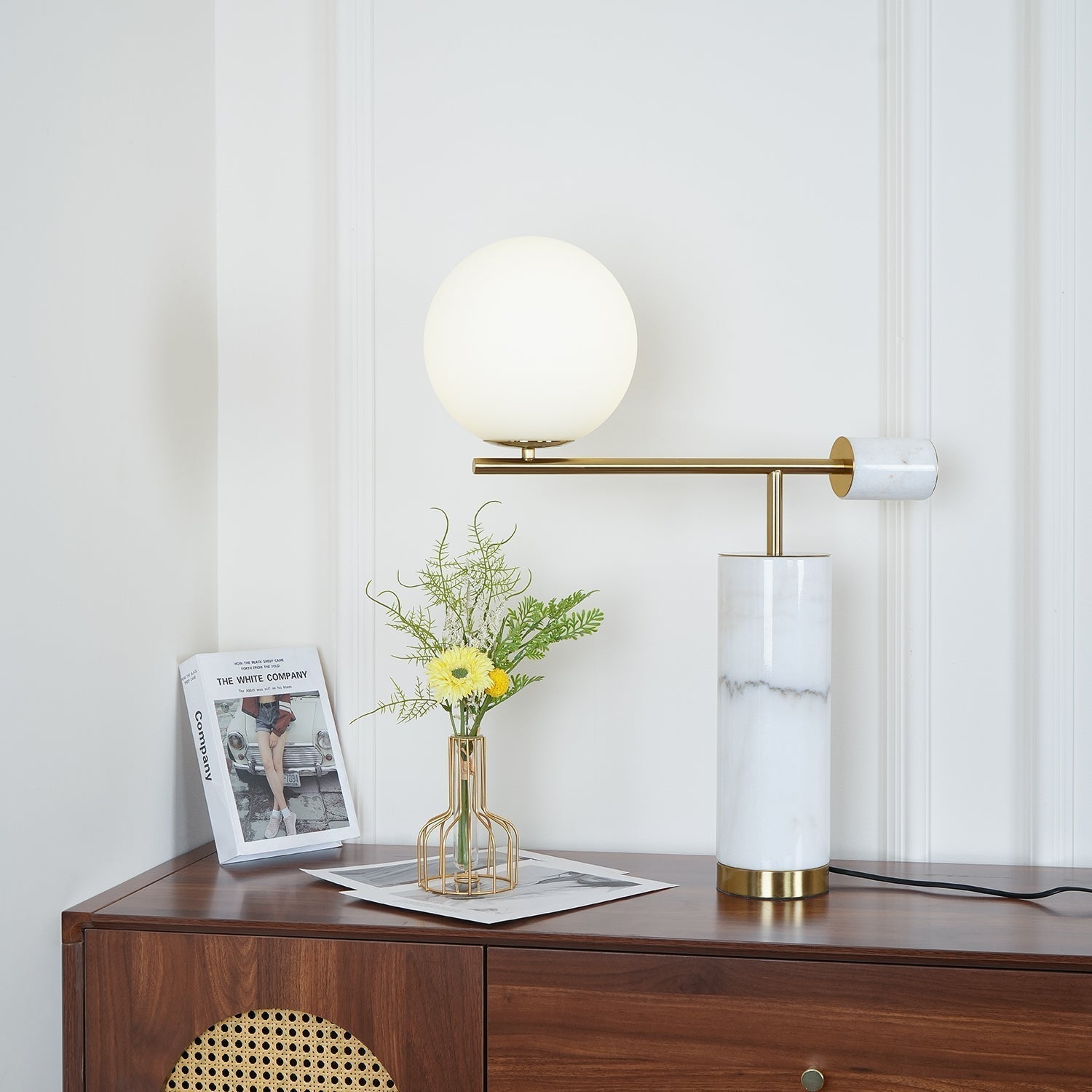 Lexi Contemporary Gold Marble Table Lamp with White Globe Glass Shade