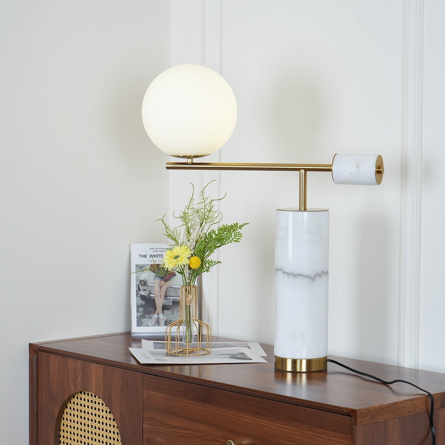 Lexi Contemporary Gold Marble Table Lamp with White Globe Glass Shade