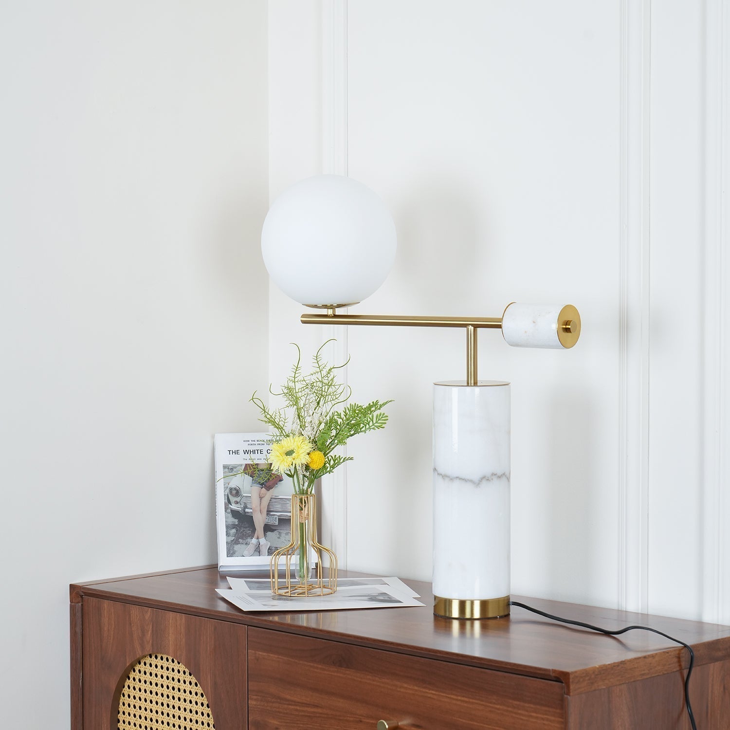 Lexi Contemporary Gold Marble Table Lamp with White Globe Glass Shade