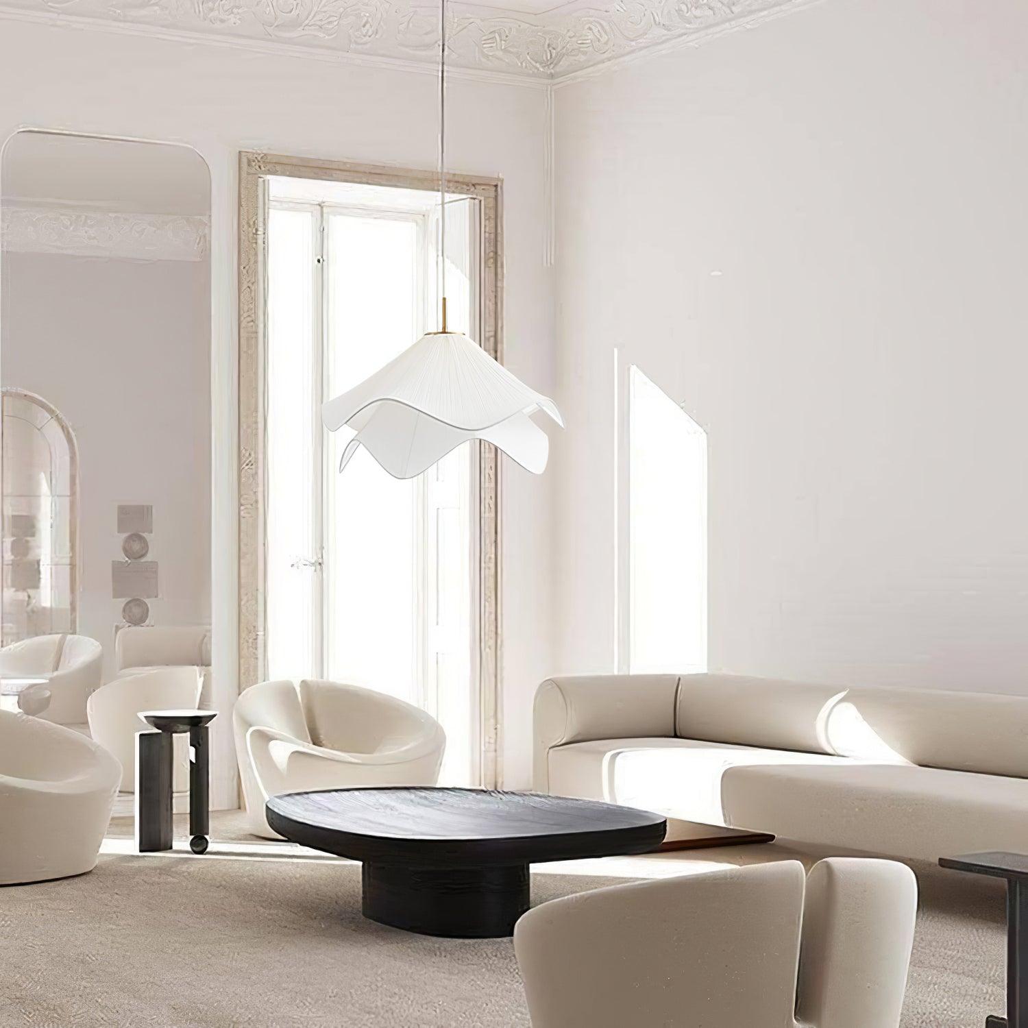 white-pleated-fabric-plug-in-pendant-light-gold-hardware-elegant-floral-hanging-lamp