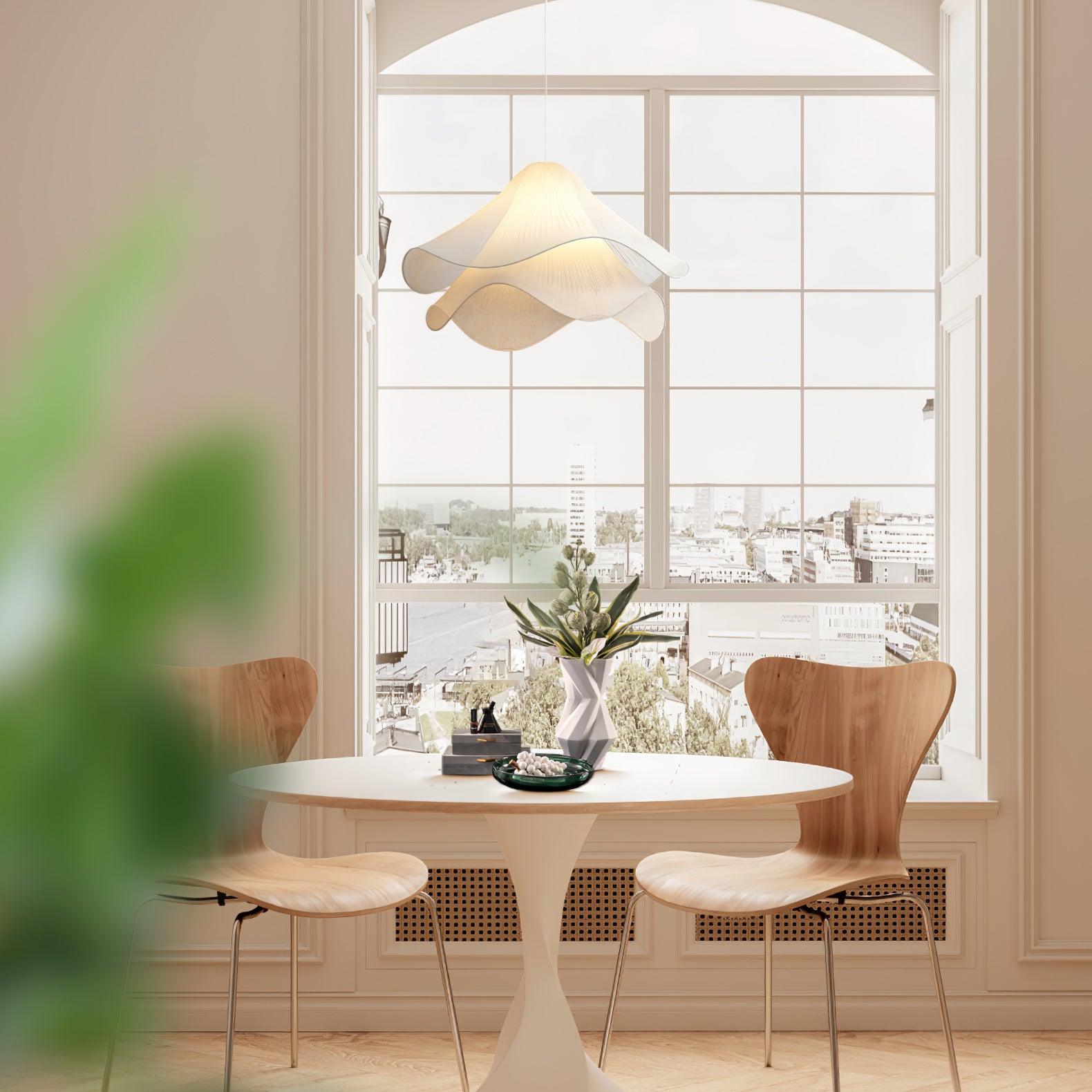 white-pleated-fabric-plug-in-pendant-light-gold-hardware-elegant-floral-hanging-lamp