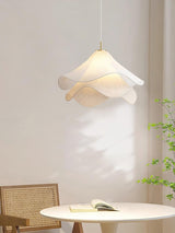 white-pleated-fabric-plug-in-pendant-light-gold-hardware-elegant-floral-hanging-lamp