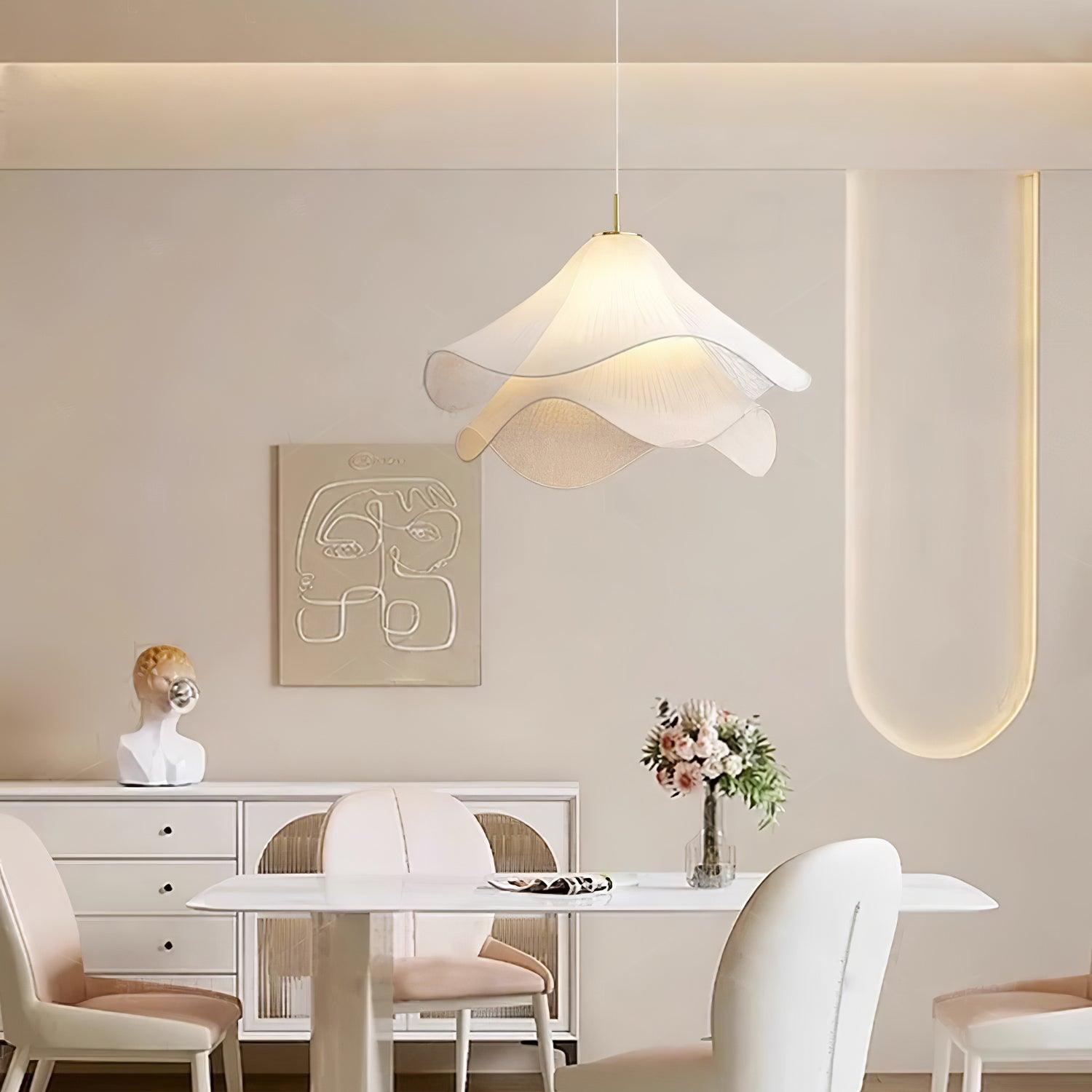 white-pleated-fabric-plug-in-pendant-light-gold-hardware-elegant-floral-hanging-lamp
