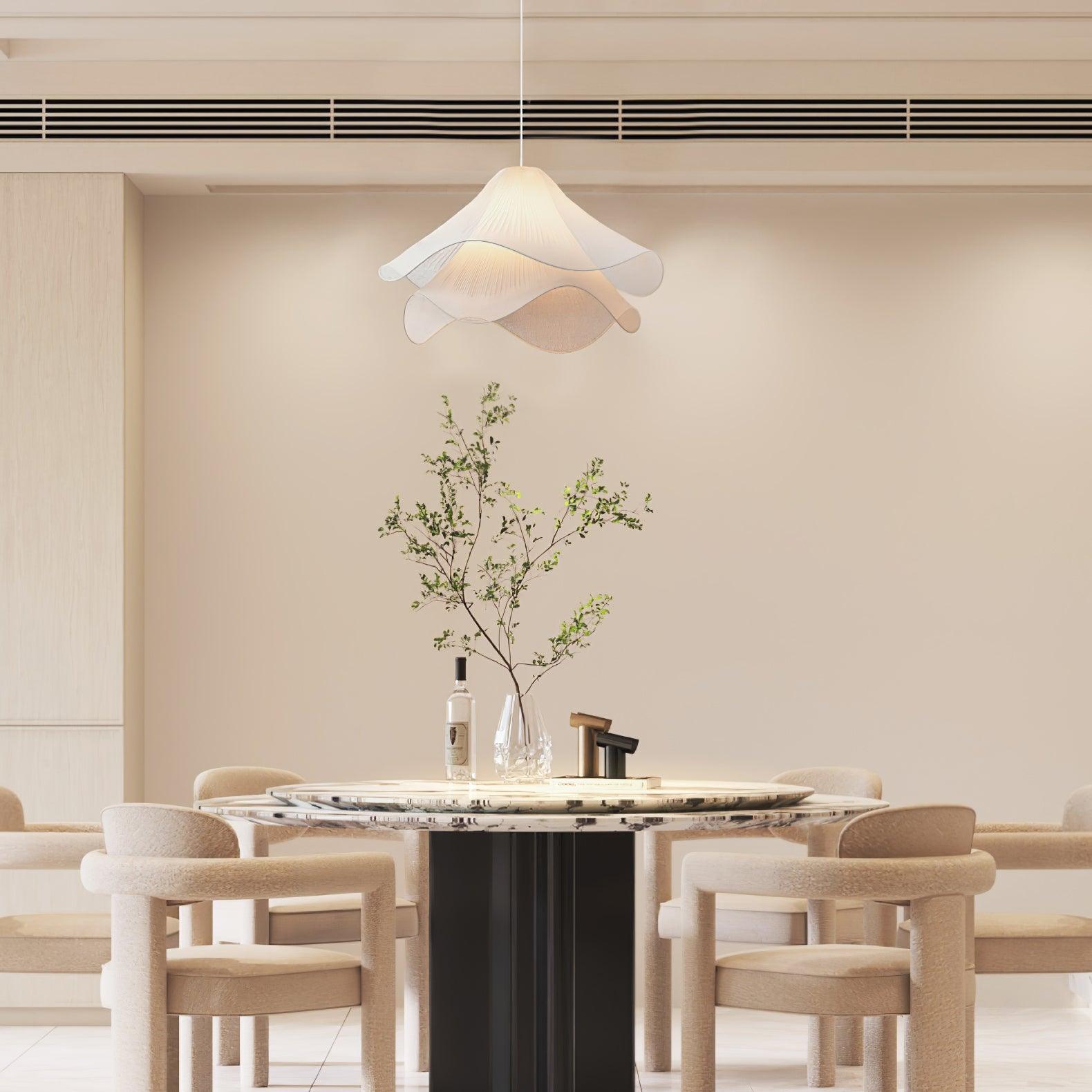 white-pleated-fabric-plug-in-pendant-light-gold-hardware-elegant-floral-hanging-lamp