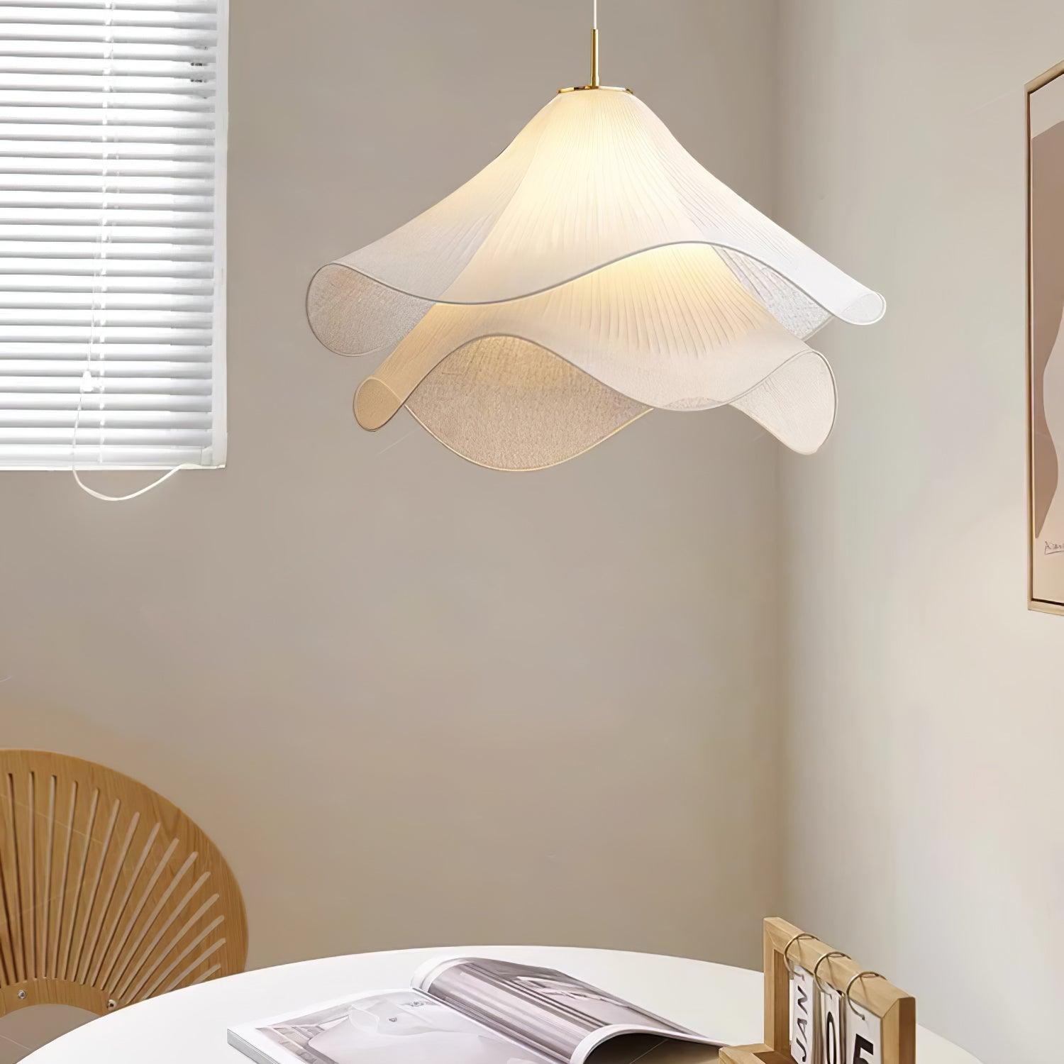 white-pleated-fabric-plug-in-pendant-light-gold-hardware-elegant-floral-hanging-lamp