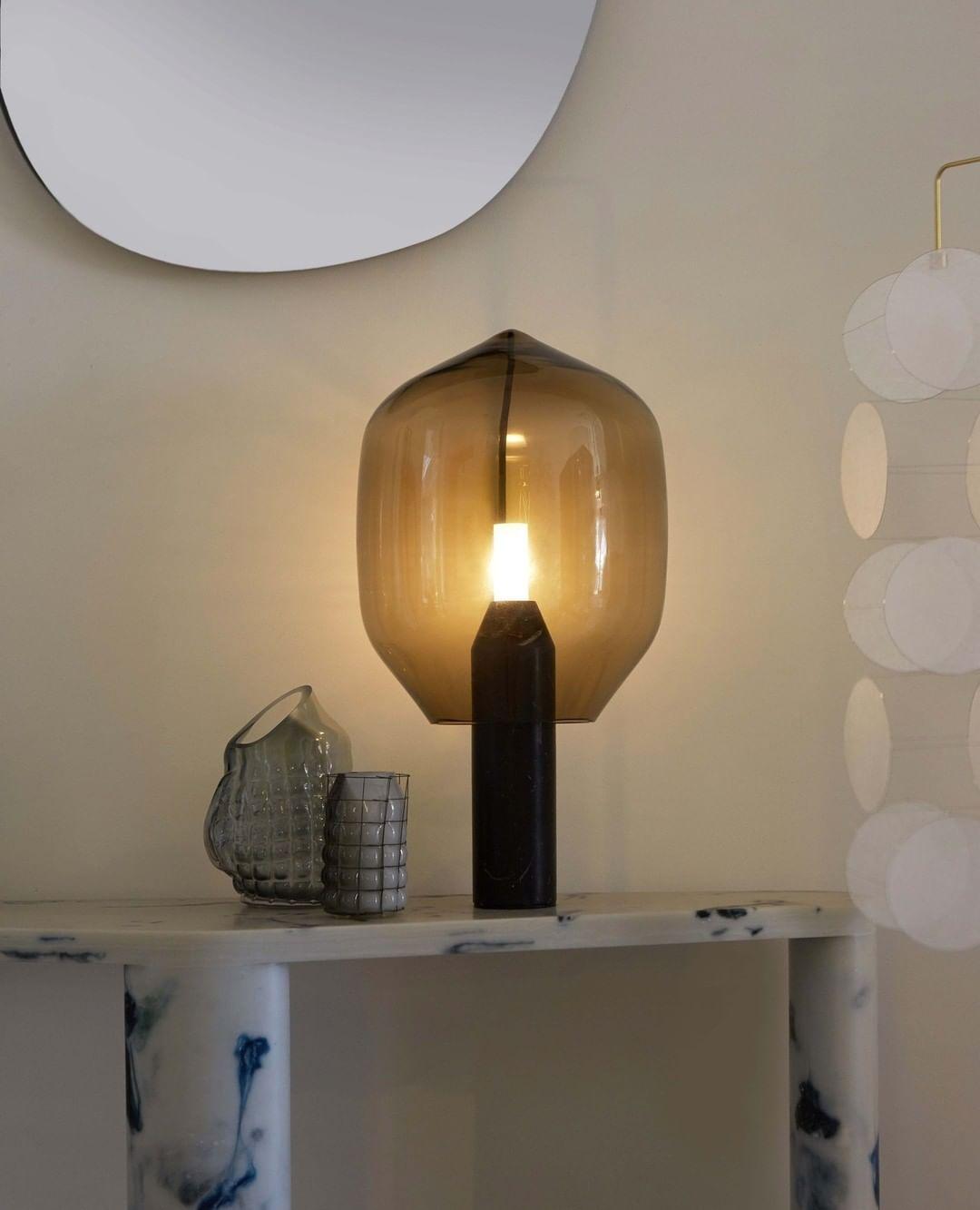 Modern Smoked Glass Lighthouse Table Lamp with Natural Marble Base and G9 LED Socket