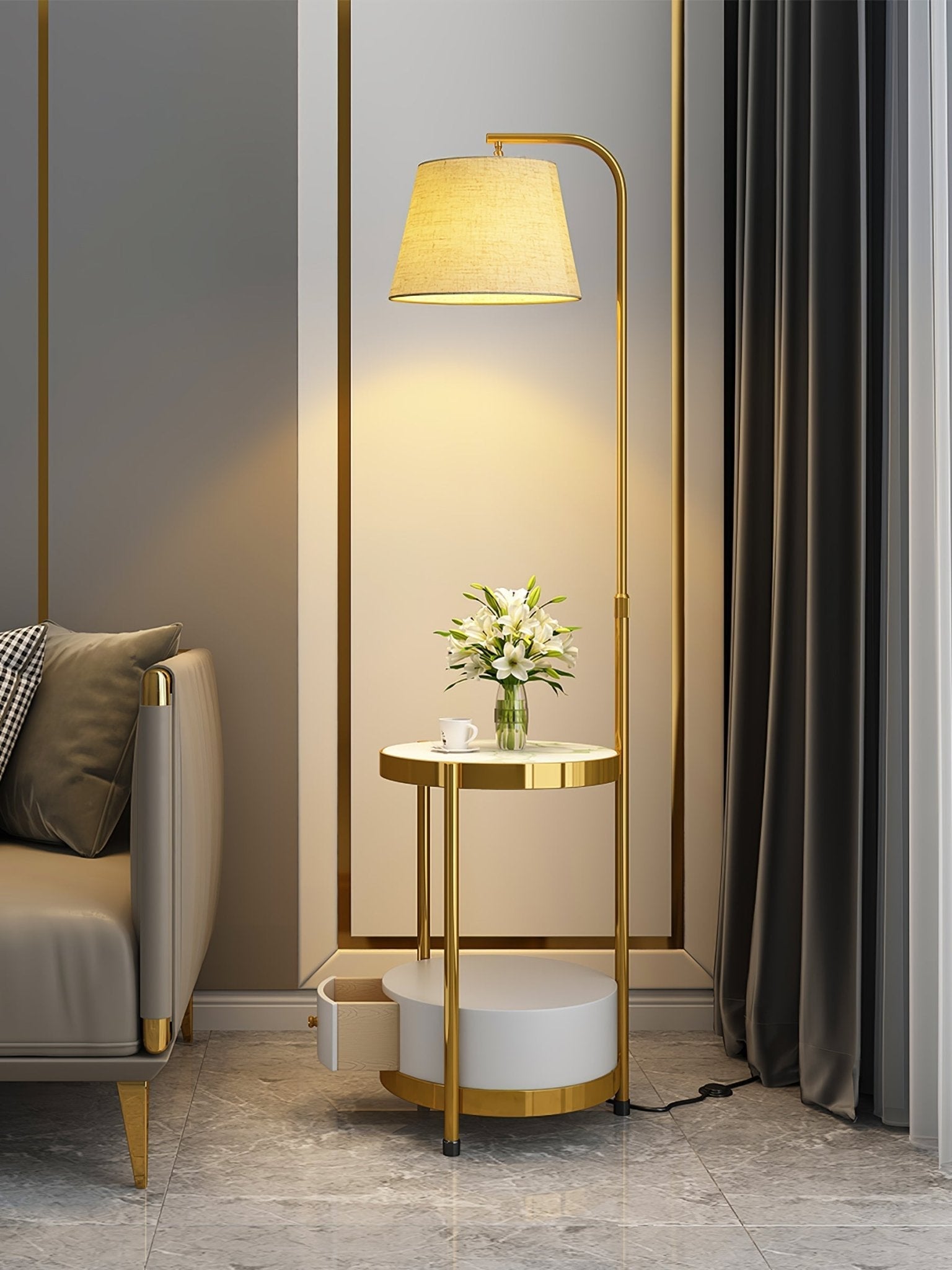 Lilah Modern Standing Lamp with Integrated End Table and Storage Shelf for Living Room
