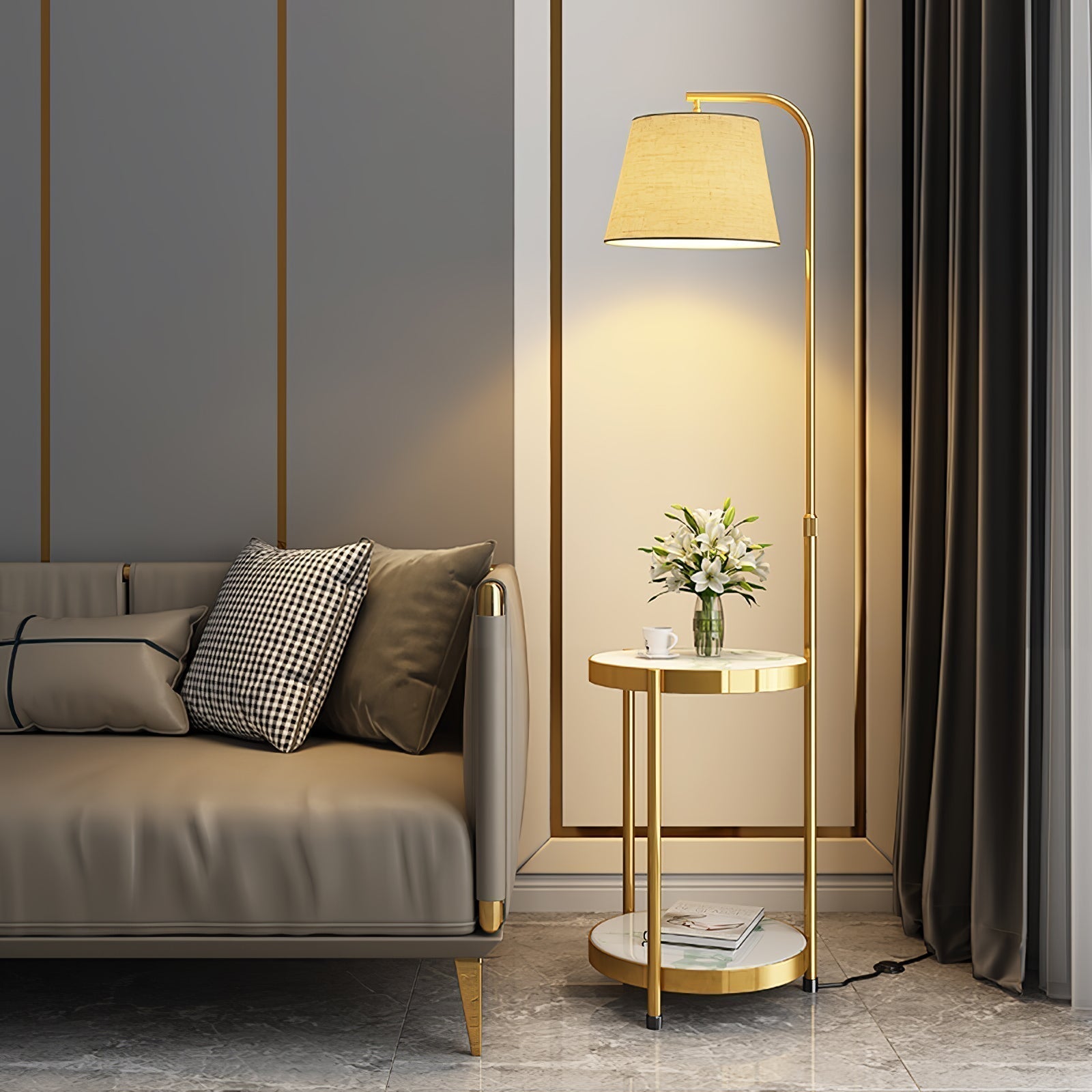 Lilah Modern Standing Lamp with Integrated End Table and Storage Shelf for Living Room