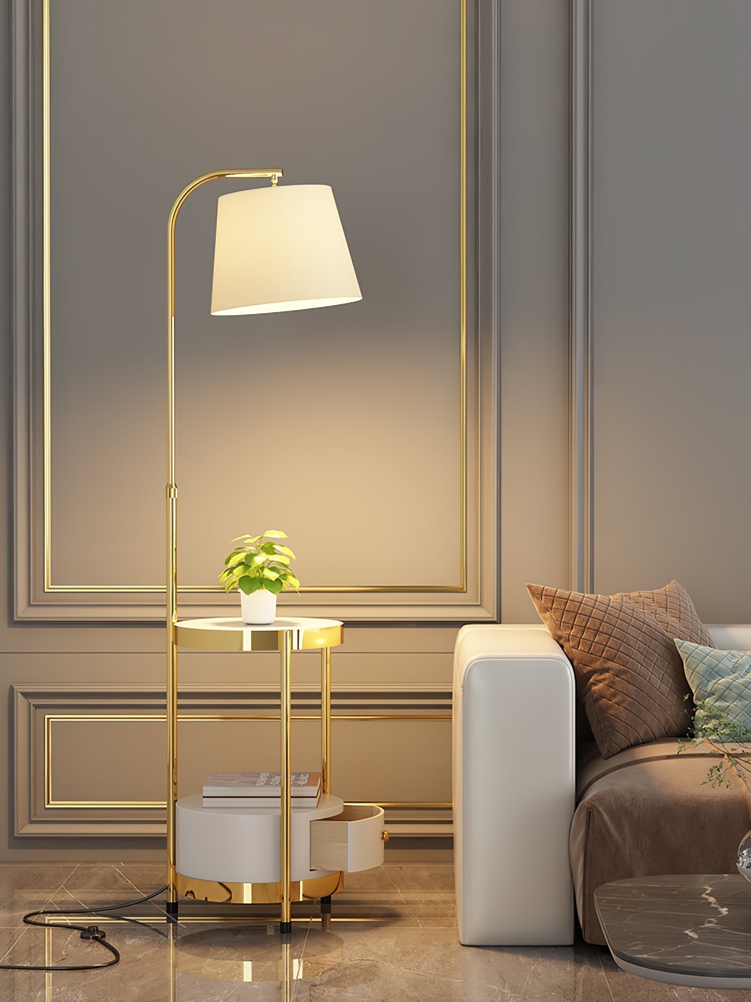 Lilah Modern Standing Lamp with Integrated End Table and Storage Shelf for Living Room