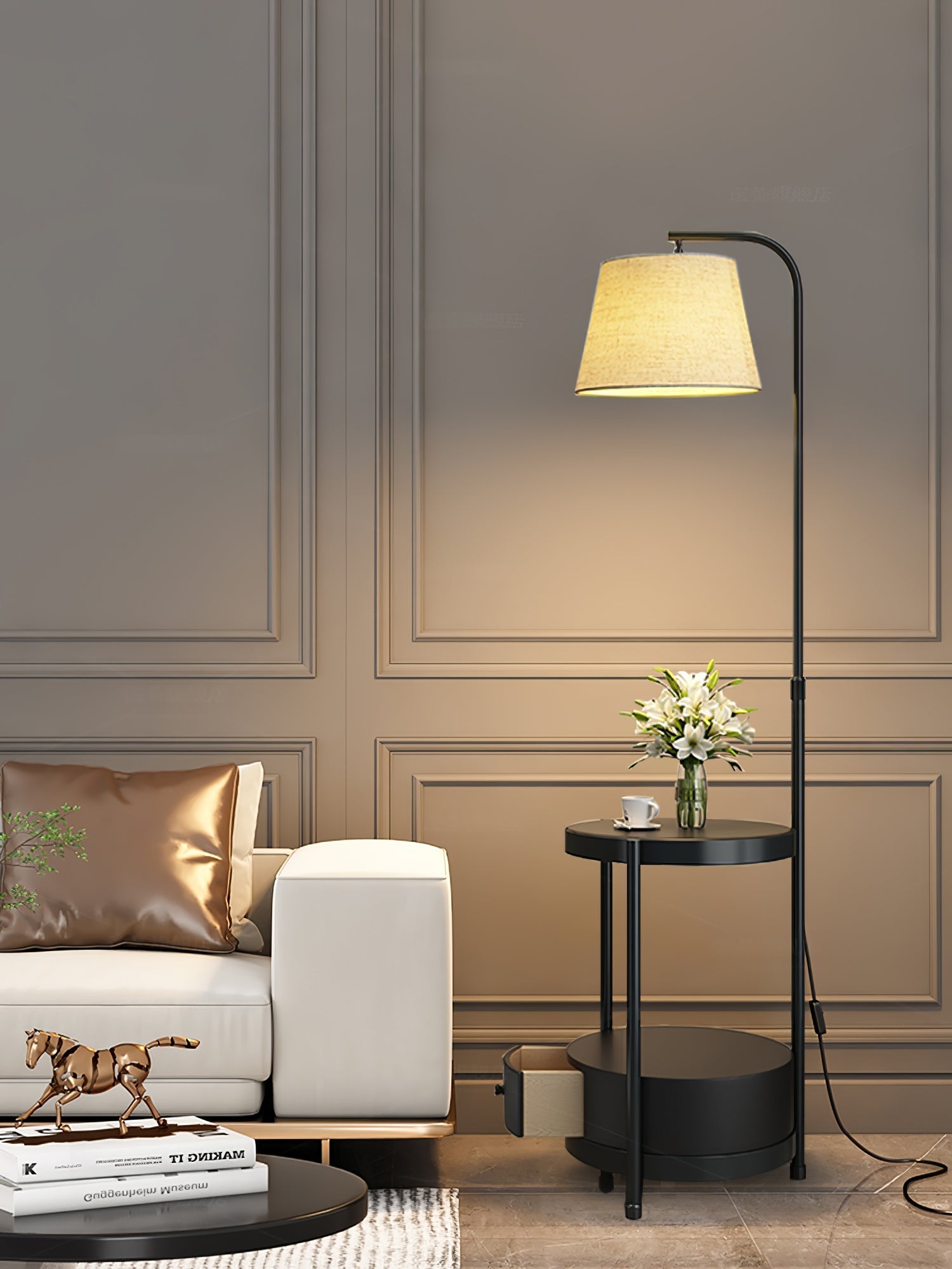 Lilah Modern Standing Lamp with Integrated End Table and Storage Shelf for Living Room
