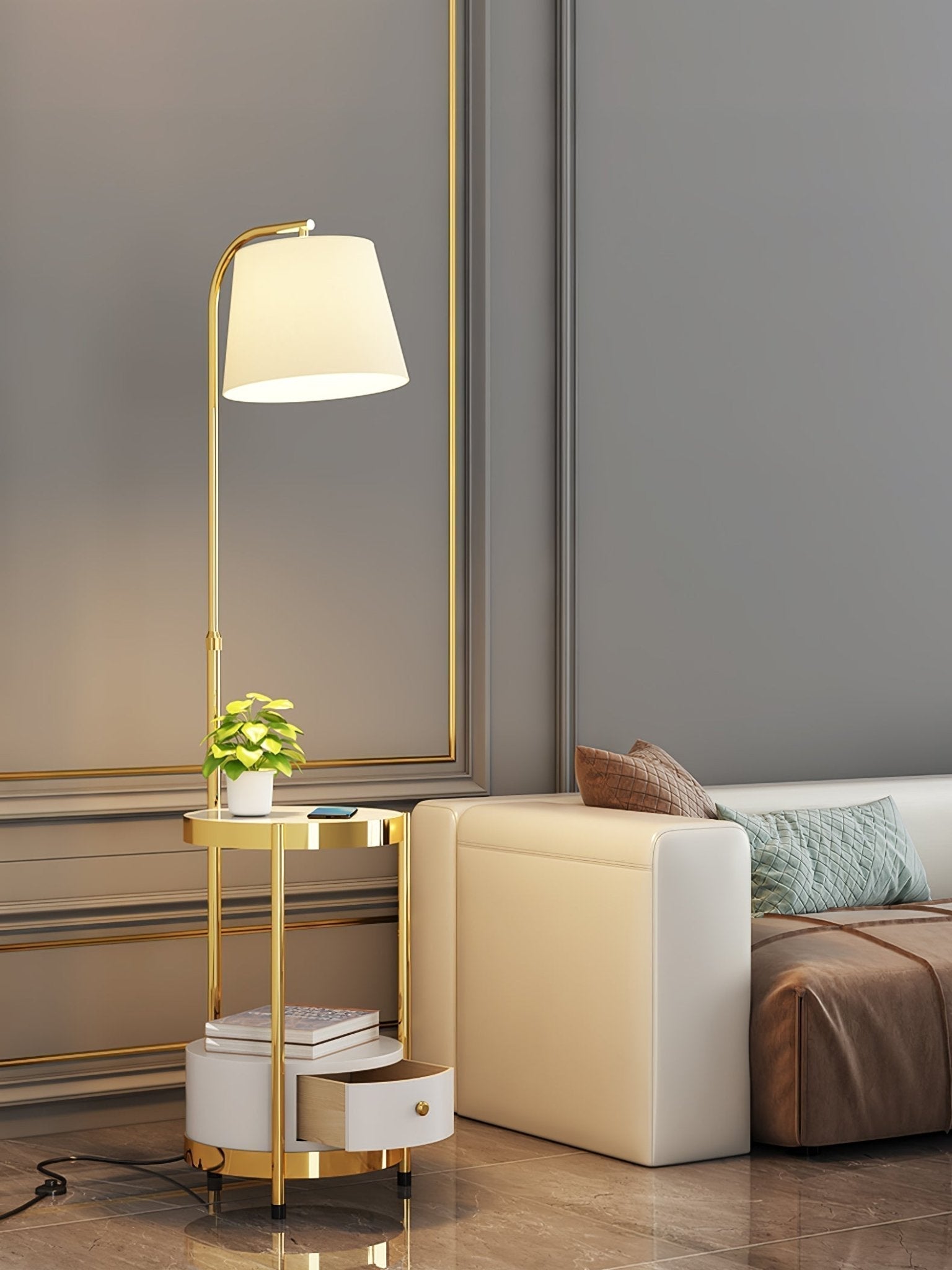 Lilah Modern Standing Lamp with Integrated End Table and Storage Shelf for Living Room