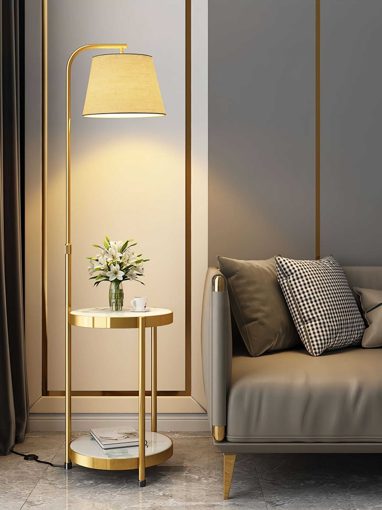 Lilah Modern Standing Lamp with Integrated End Table and Storage Shelf for Living Room