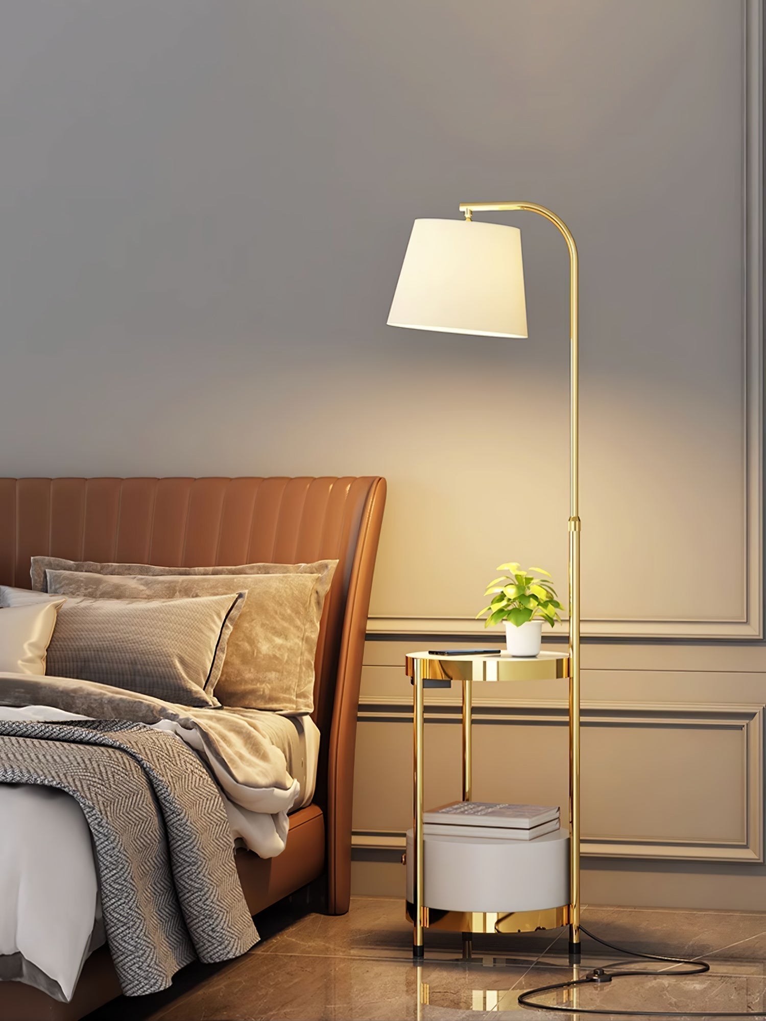 Lilah Modern Standing Lamp with Integrated End Table and Storage Shelf for Living Room