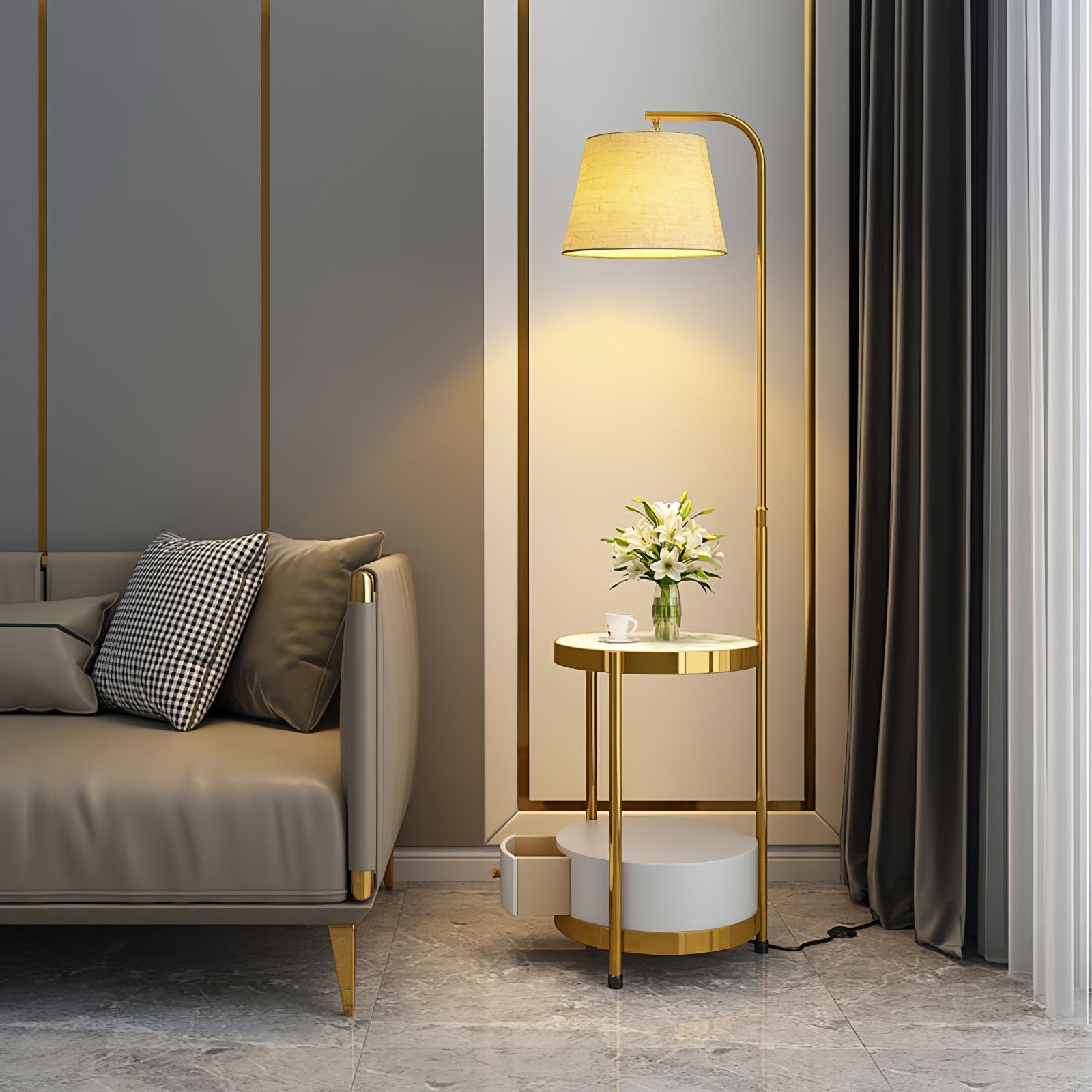 Lilah Modern Standing Lamp with Integrated End Table and Storage Shelf for Living Room