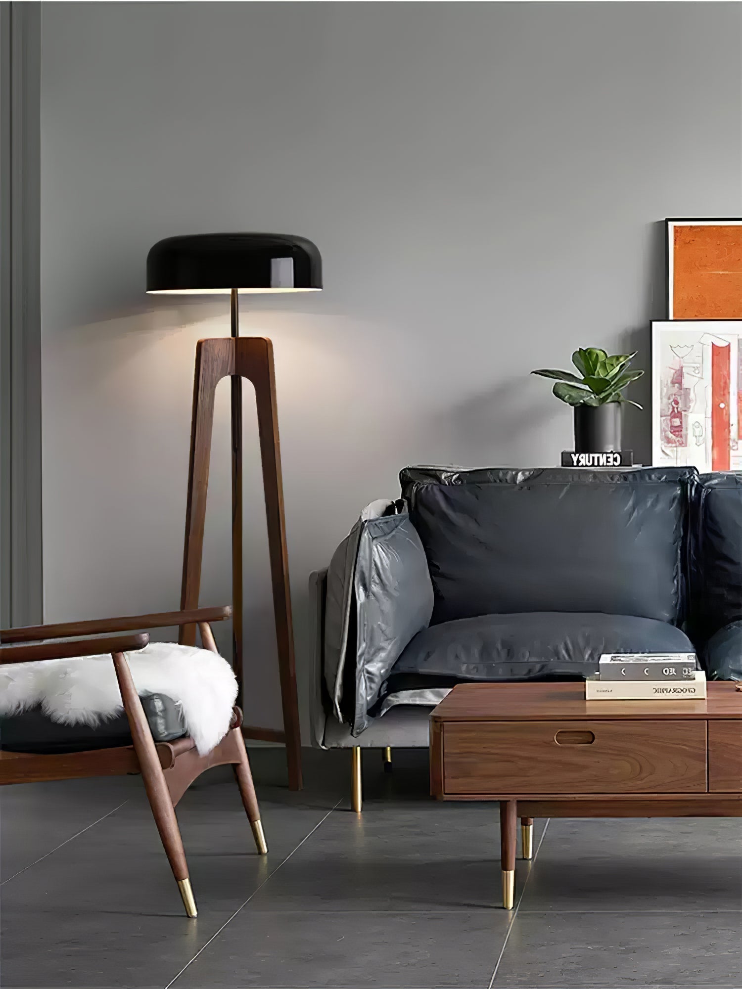 Modern Walnut Wood Floor Lamp with Elegant Black Fabric Shade for Contemporary Living Spaces