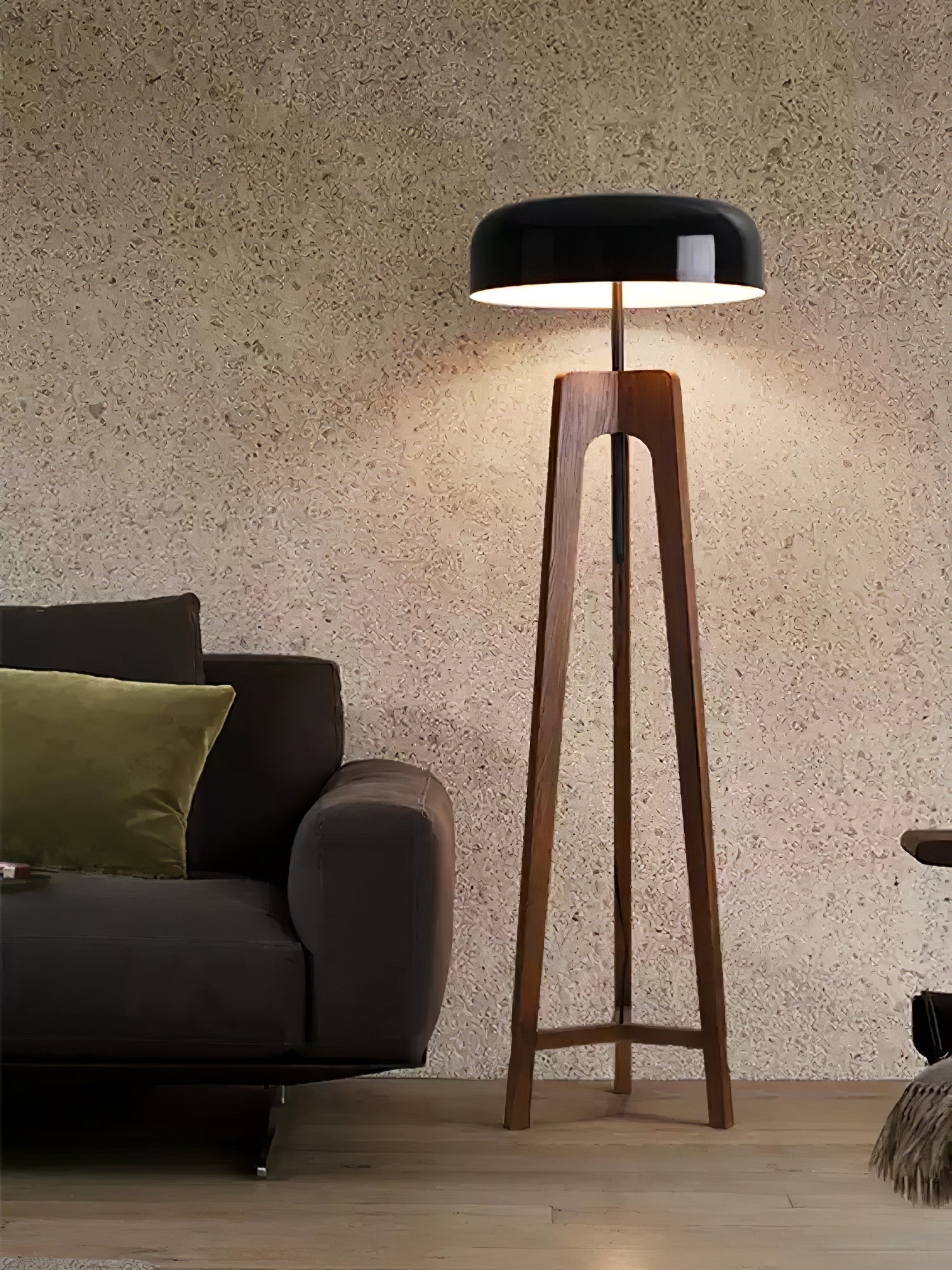 Modern Walnut Wood Floor Lamp with Elegant Black Fabric Shade for Contemporary Living Spaces