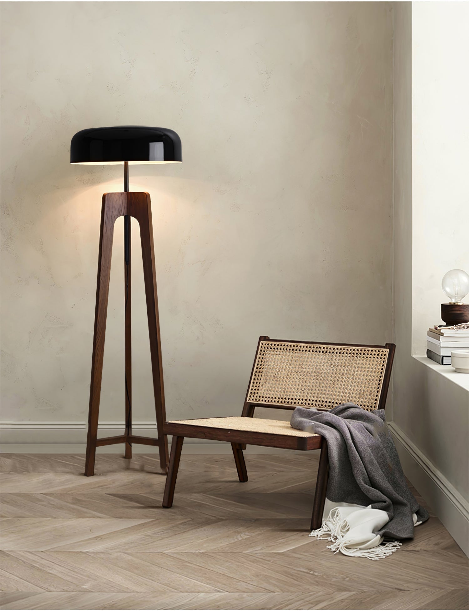 Modern Walnut Wood Floor Lamp with Elegant Black Fabric Shade for Contemporary Living Spaces