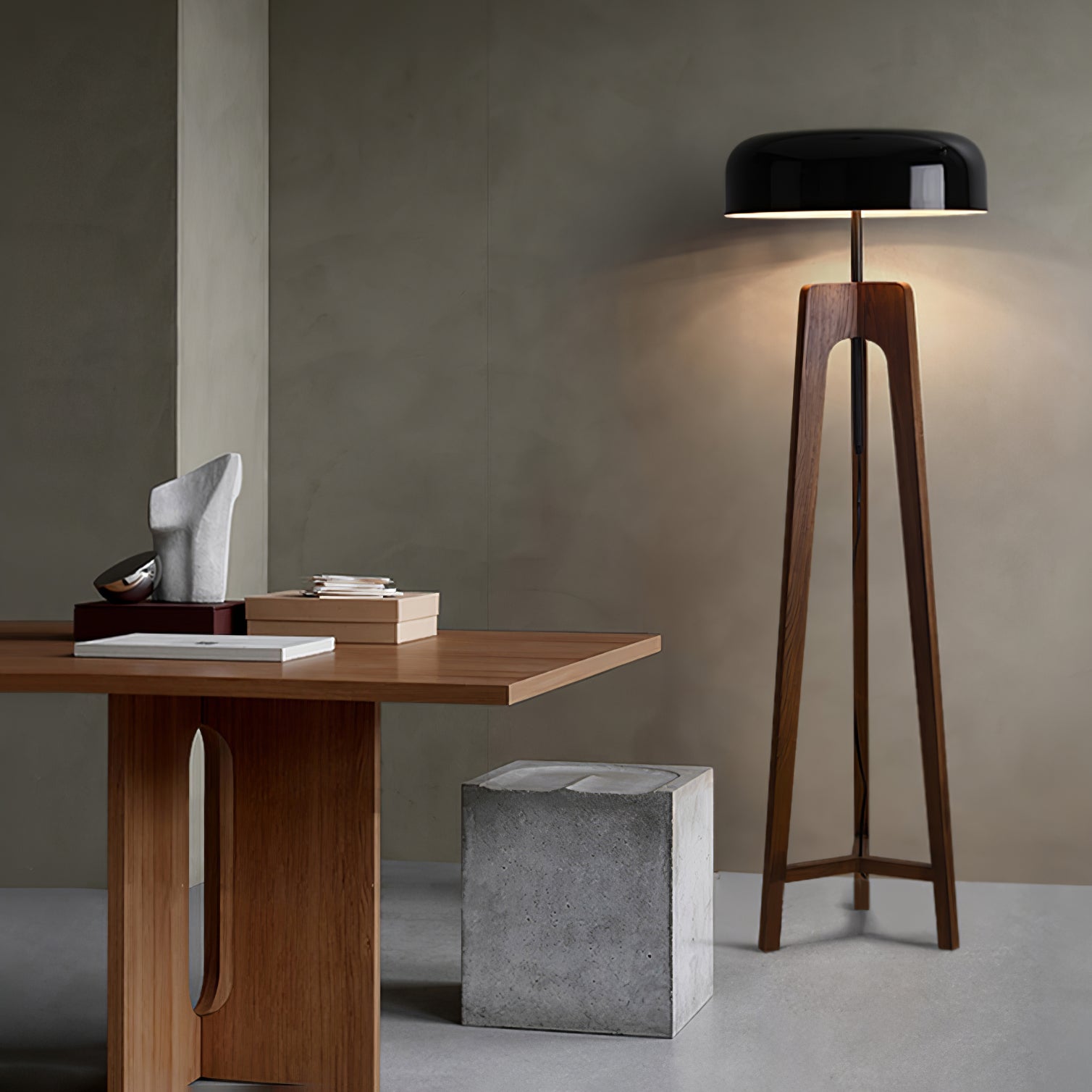 Modern Walnut Wood Floor Lamp with Elegant Black Fabric Shade for Contemporary Living Spaces
