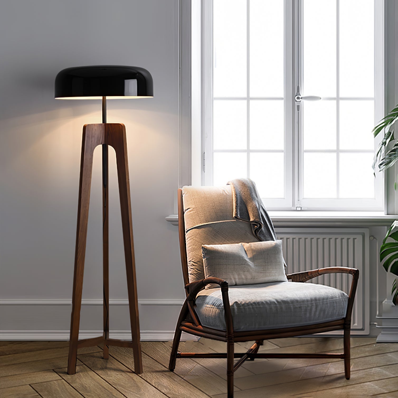 Modern Walnut Wood Floor Lamp with Elegant Black Fabric Shade for Contemporary Living Spaces