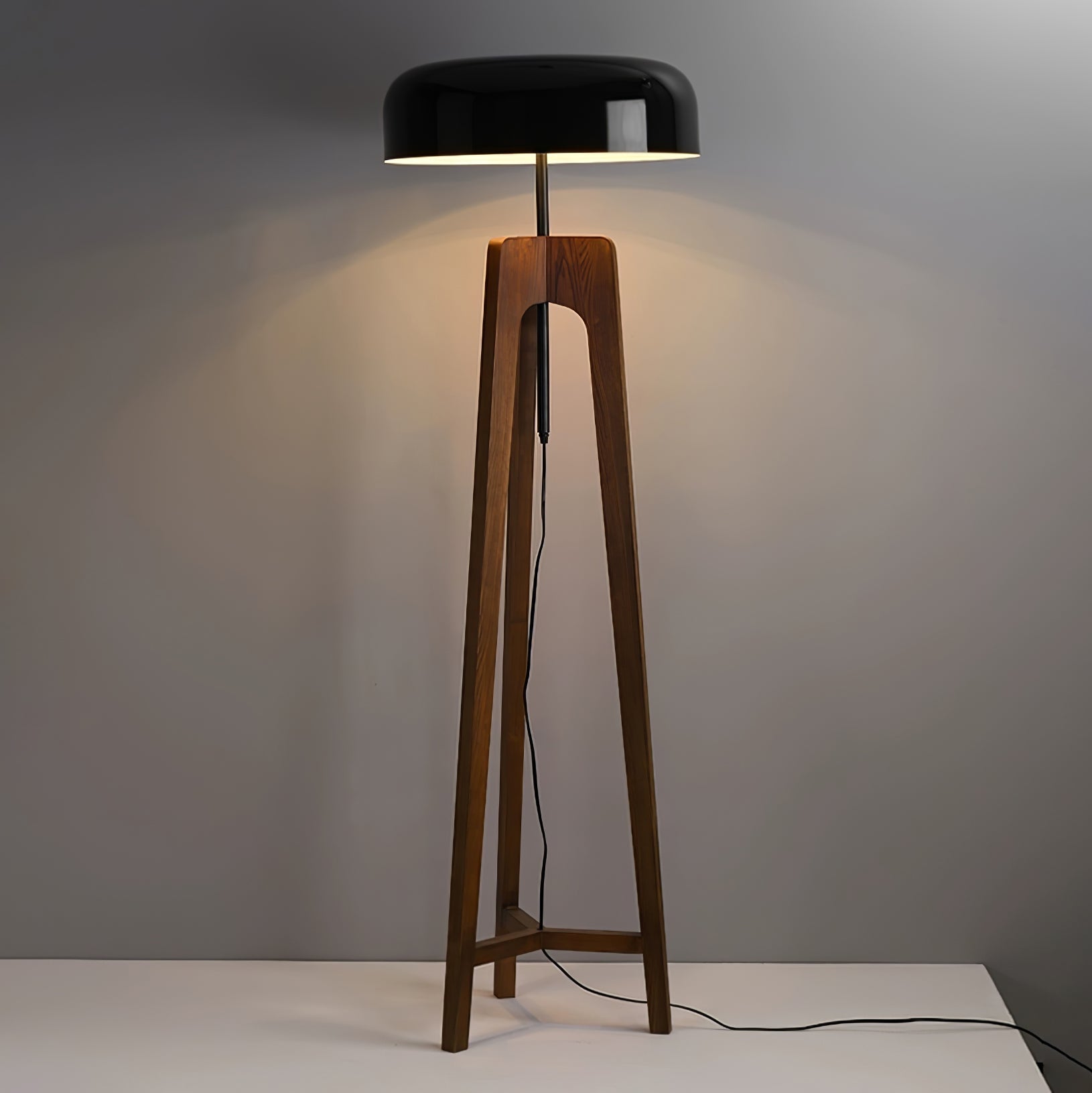 Modern Walnut Wood Floor Lamp with Elegant Black Fabric Shade for Contemporary Living Spaces