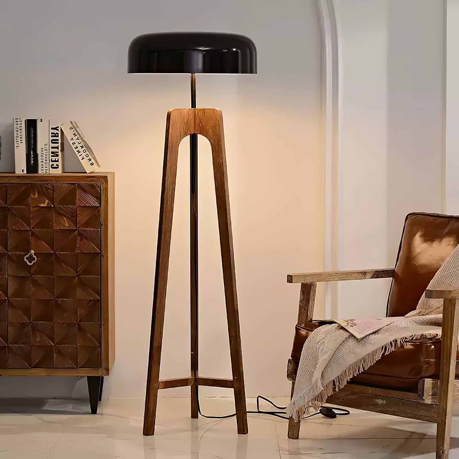 Modern Walnut Wood Floor Lamp with Elegant Black Fabric Shade for Contemporary Living Spaces