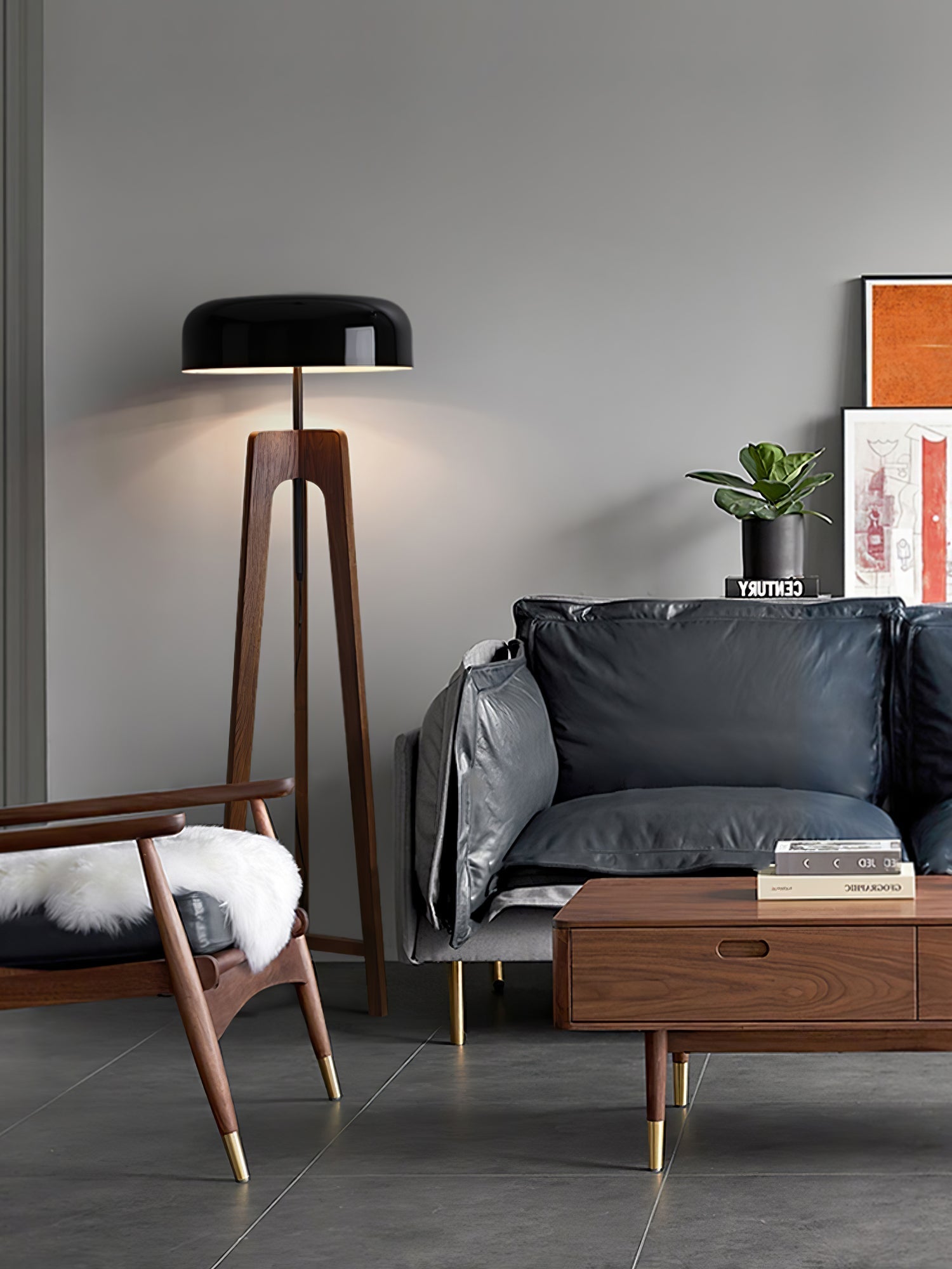Modern Walnut Wood Floor Lamp with Elegant Black Fabric Shade for Contemporary Living Spaces