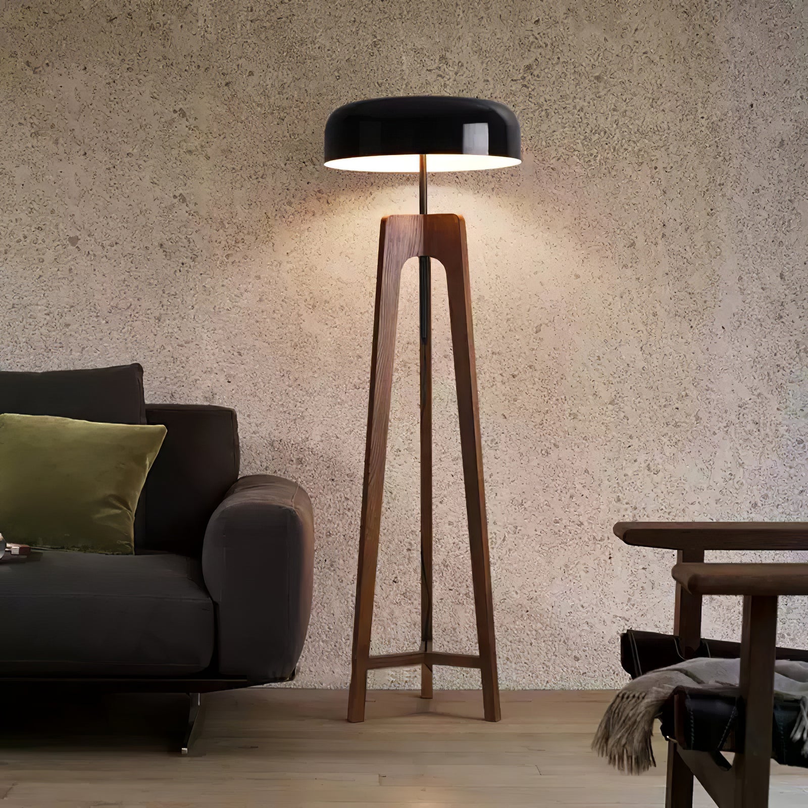 Modern Walnut Wood Floor Lamp with Elegant Black Fabric Shade for Contemporary Living Spaces