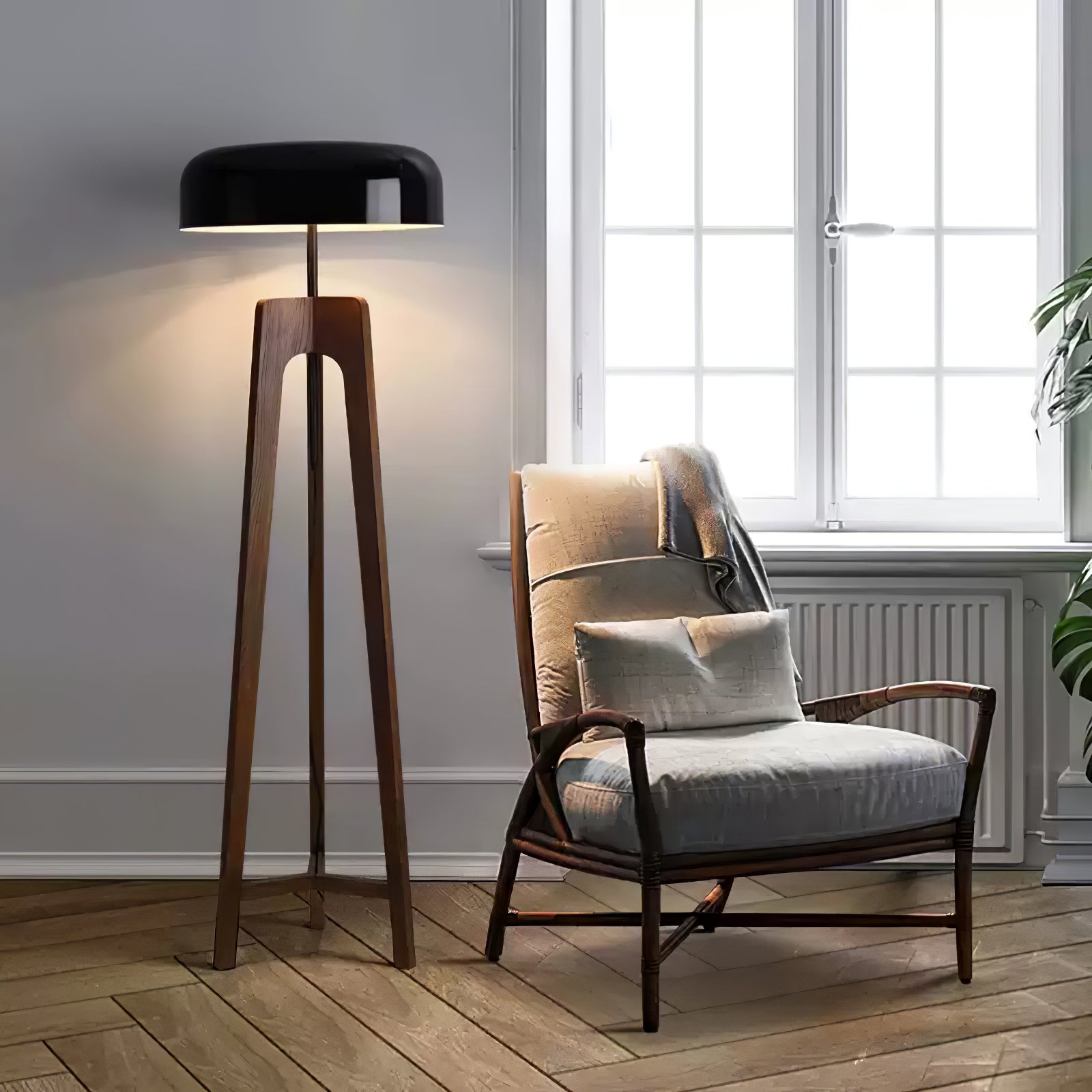Modern Walnut Wood Floor Lamp with Elegant Black Fabric Shade for Contemporary Living Spaces