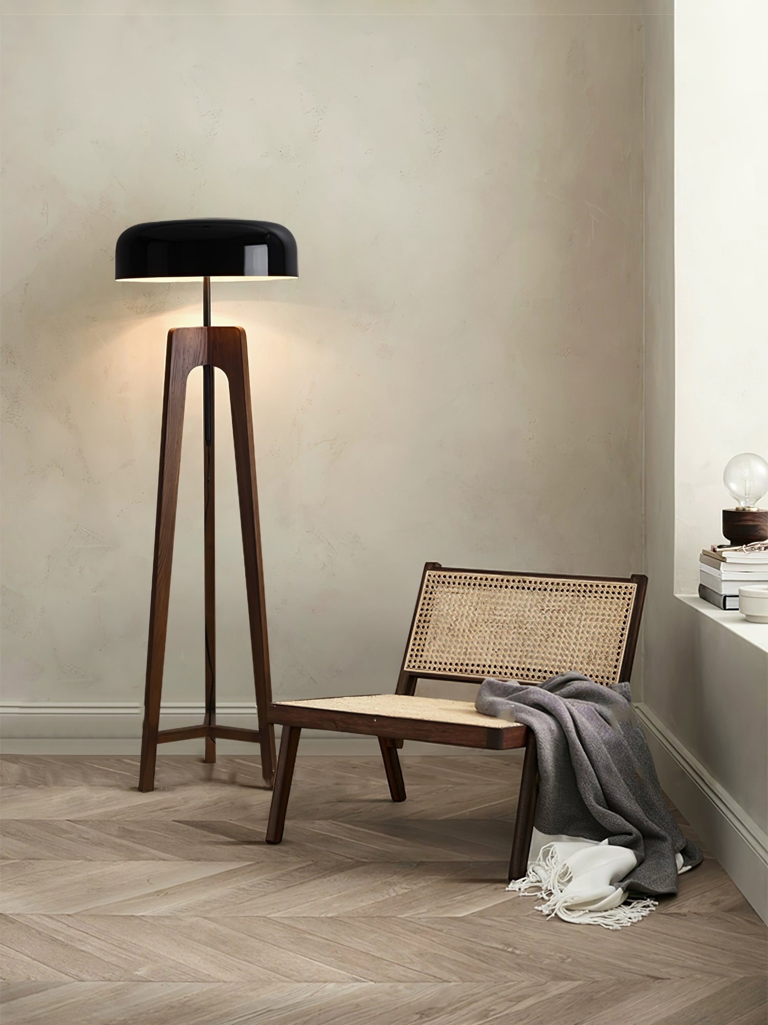 Modern Walnut Wood Floor Lamp with Elegant Black Fabric Shade for Contemporary Living Spaces