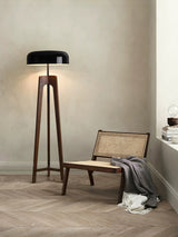 Modern Walnut Wood Floor Lamp with Elegant Black Fabric Shade for Contemporary Living Spaces