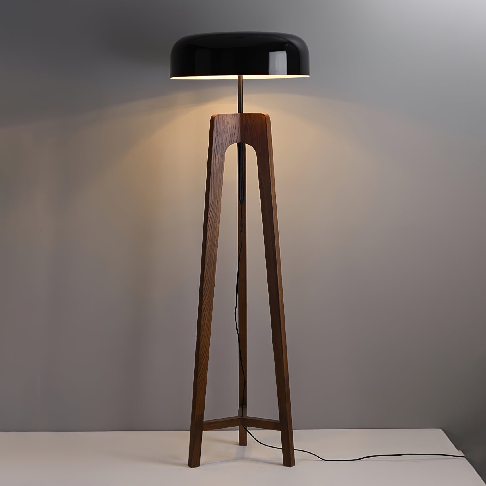 Modern Walnut Wood Floor Lamp with Elegant Black Fabric Shade for Contemporary Living Spaces
