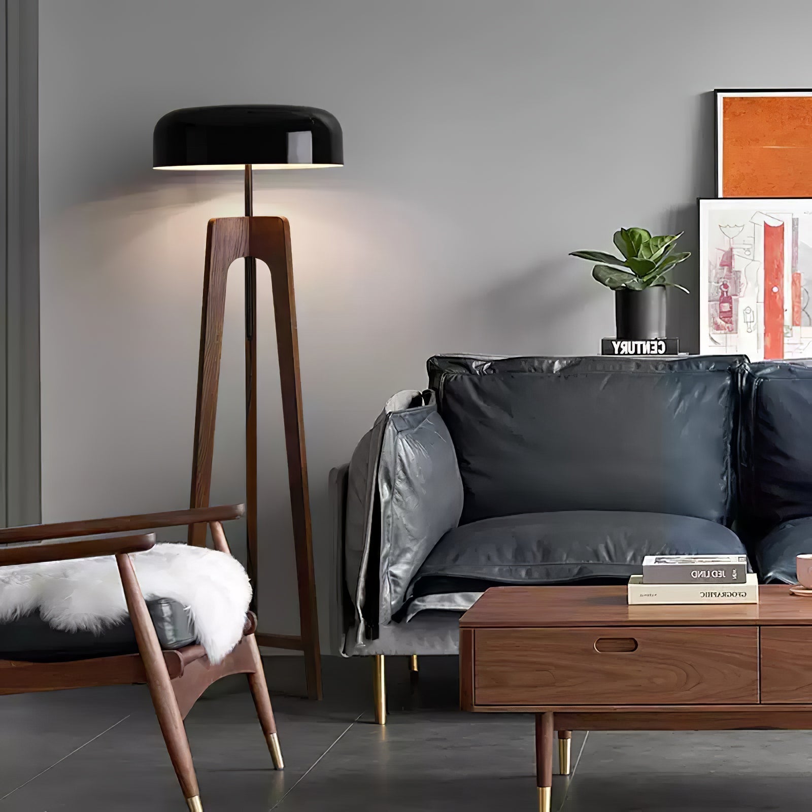 Modern Walnut Wood Floor Lamp with Elegant Black Fabric Shade for Contemporary Living Spaces