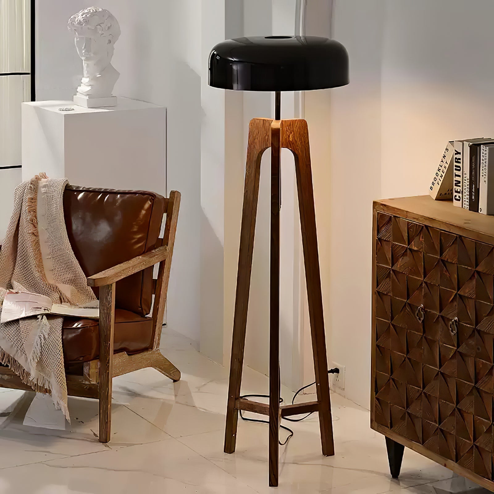 Modern Walnut Wood Floor Lamp with Elegant Black Fabric Shade for Contemporary Living Spaces