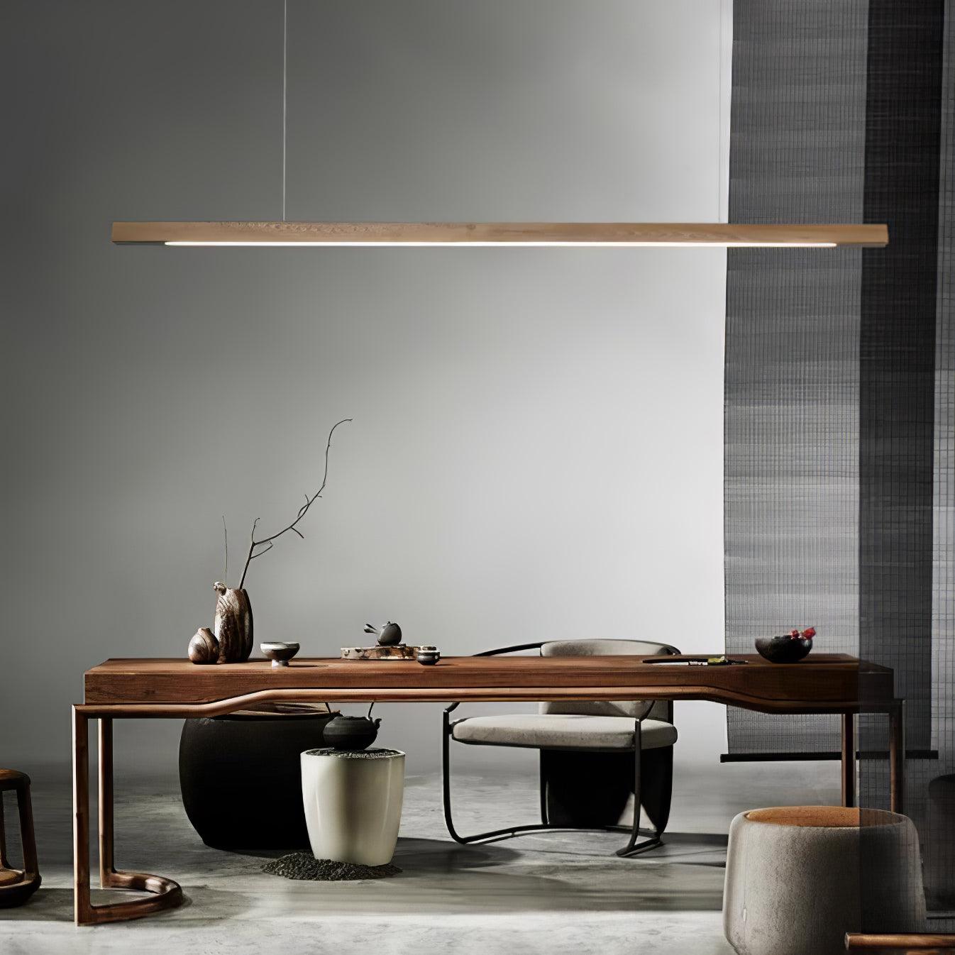 Modern Walnut Linear LED Pendant Light Minimalist Wood Hanging Chandelier for Dining Room