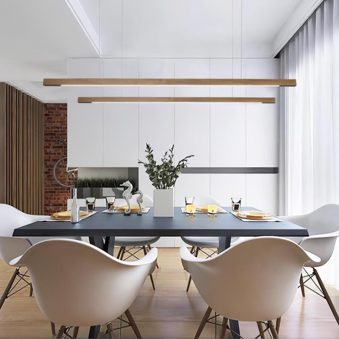 Modern Walnut Linear LED Pendant Light Minimalist Wood Hanging Chandelier for Dining Room