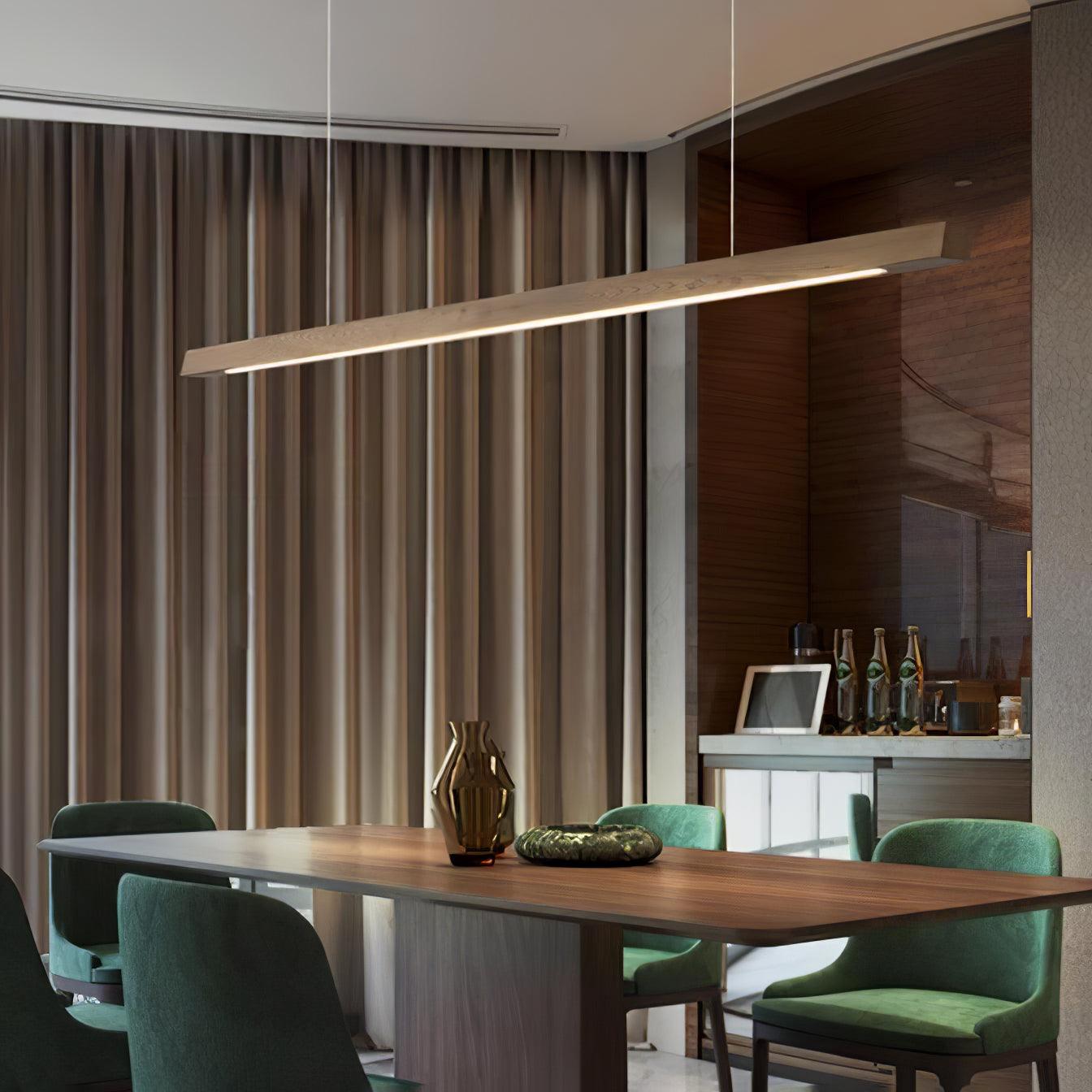 Modern Walnut Linear LED Pendant Light Minimalist Wood Hanging Chandelier for Dining Room